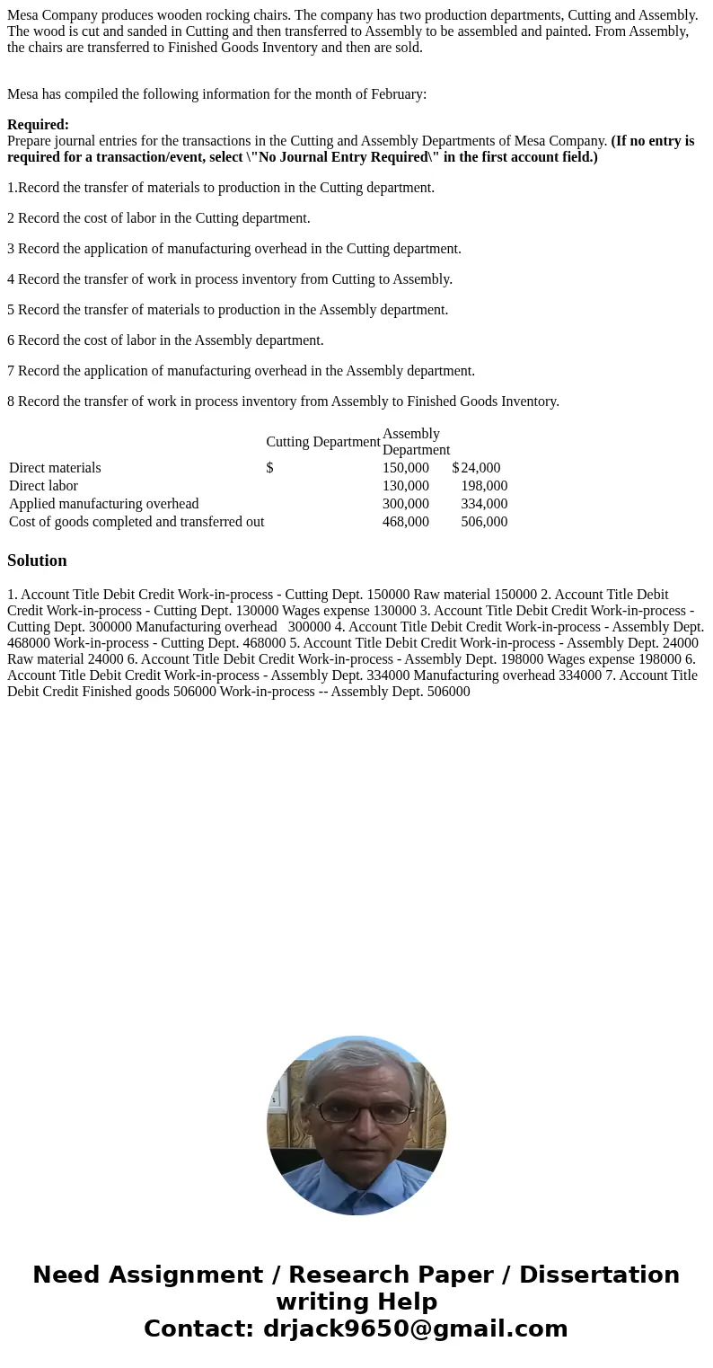 Mesa Company produces wooden rocking chairs. The company has two production departments, Cutting and Assembly. The wood is cut and sanded in Cutting and then tr