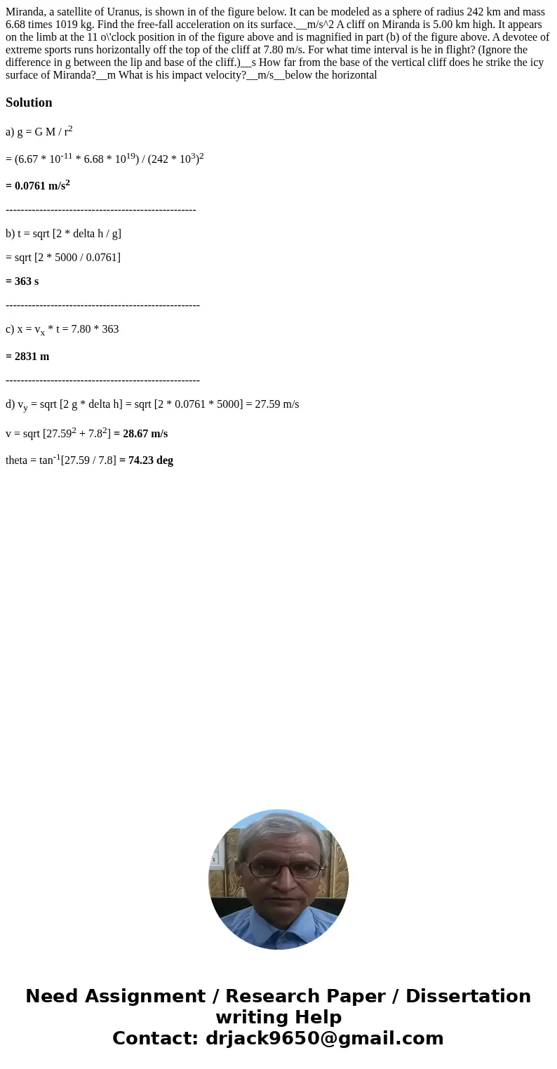 Miranda, a satellite of Uranus, is shown in of the figure below. It can be modeled as a sphere of radius 242 km and mass 6.68 times 1019 kg. Find the free-fall  Miranda, a satellite of Uranus, is shown in of the figure below. It can be modeled as a sphere of radius 242 km and mass 6.68 times 1019 kg. Find the free-fall