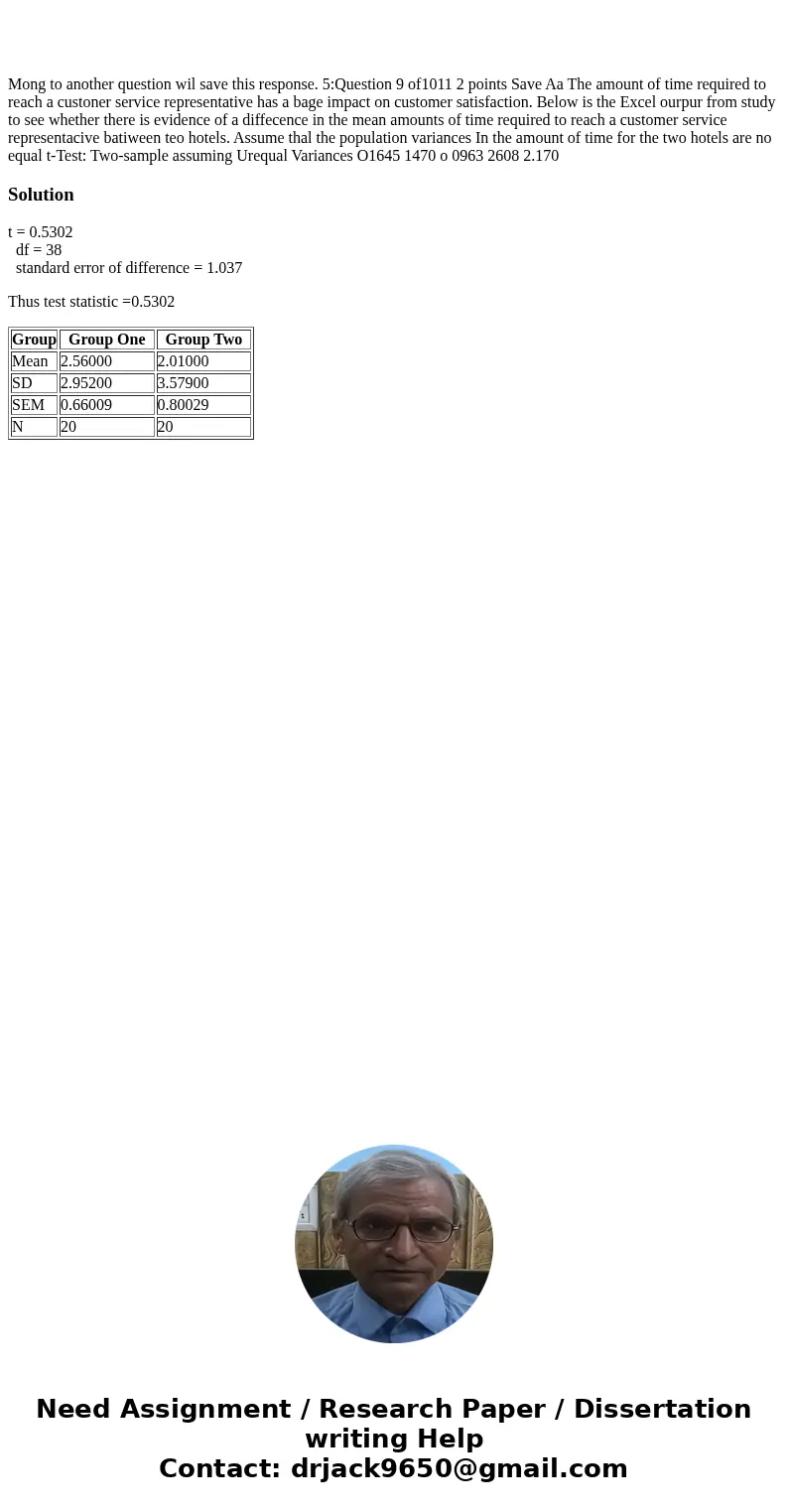 Mong to another question wil save this response. 5:Question 9 of1011 2 points Save Aa The amount of time required to reach a custoner service representative ha