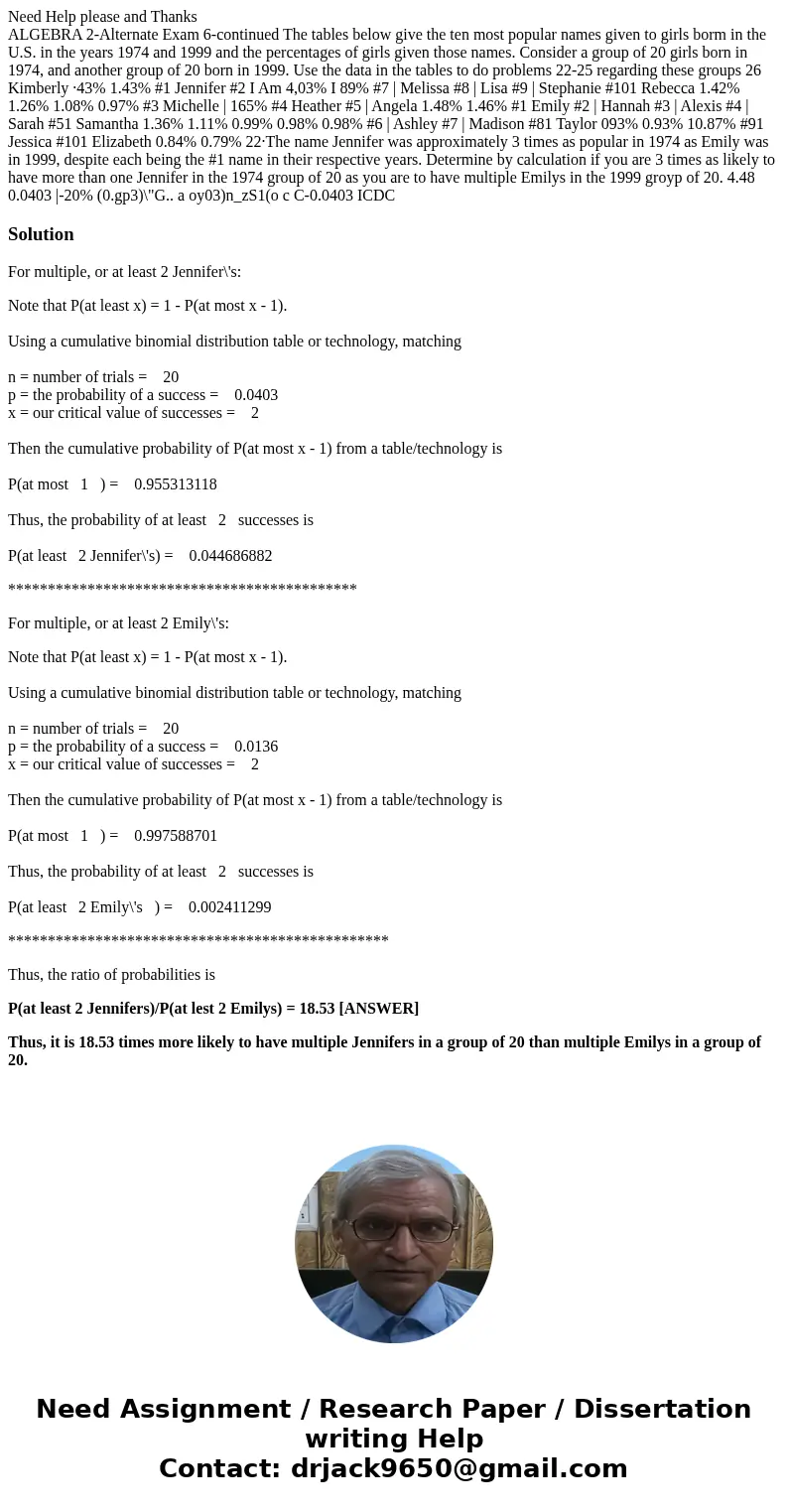 Need Help please and Thanks ALGEBRA 2-Alternate Exam 6-continued The tables below give the ten most popular names given to girls borm in the U.S. in the years 1 Need Help please and Thanks ALGEBRA 2-Alternate Exam 6-continued The tables below give the ten most popular names given to girls borm in the U.S. in the years 1