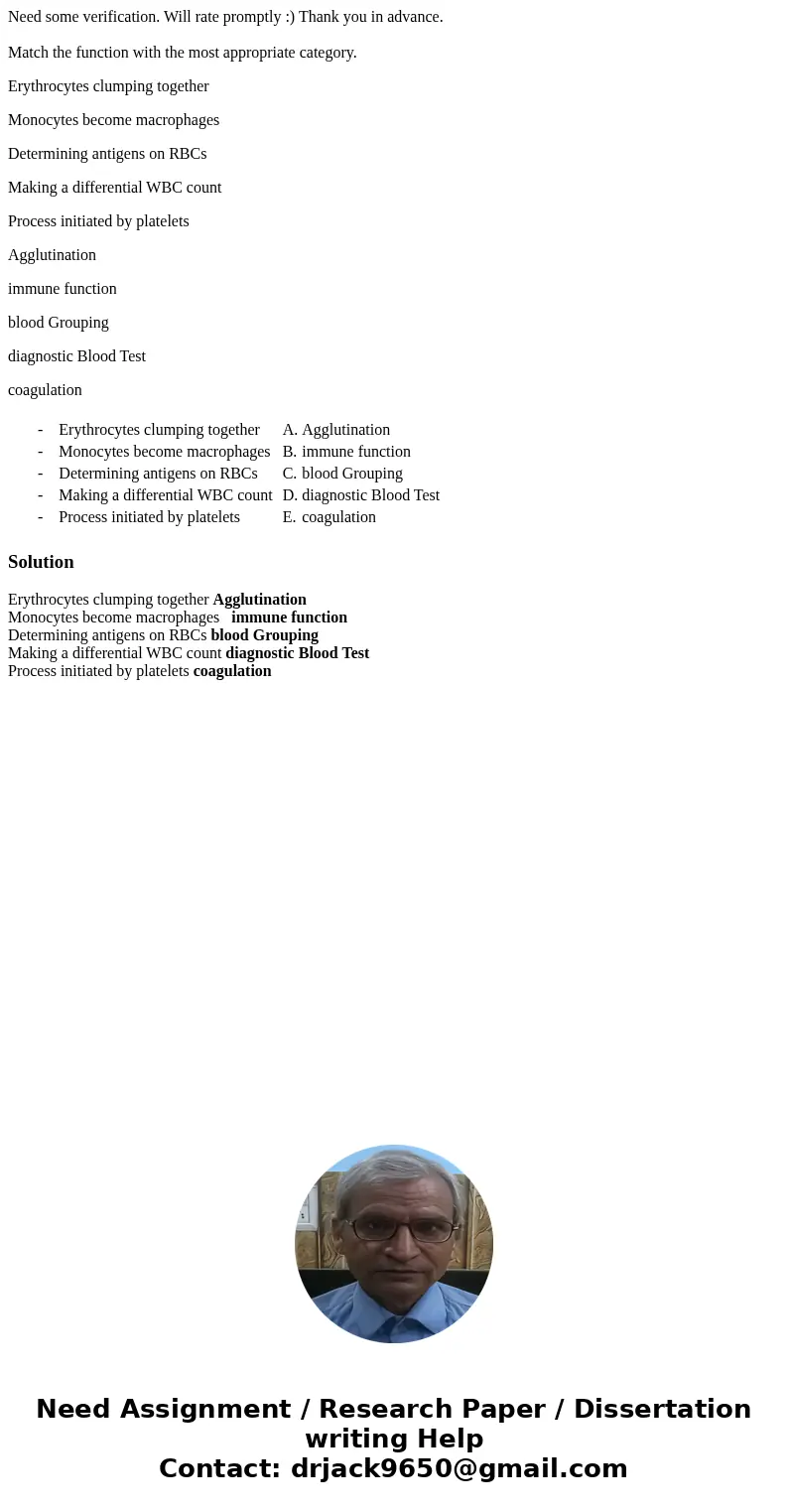 Need some verification. Will rate promptly :) Thank you in advance. Match the function with the most appropriate category. Erythrocytes clumping together Monocy Need some verification. Will rate promptly :) Thank you in advance. Match the function with the most appropriate category. Erythrocytes clumping together Monocy