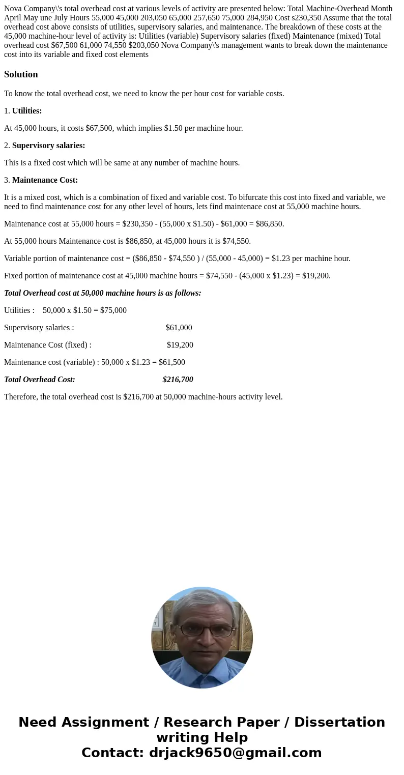 Nova Company\'s total overhead cost at various levels of activity are presented below: Total Machine-Overhead Month April May une July Hours 55,000 45,000 203,  Nova Company\'s total overhead cost at various levels of activity are presented below: Total Machine-Overhead Month April May une July Hours 55,000 45,000 203,