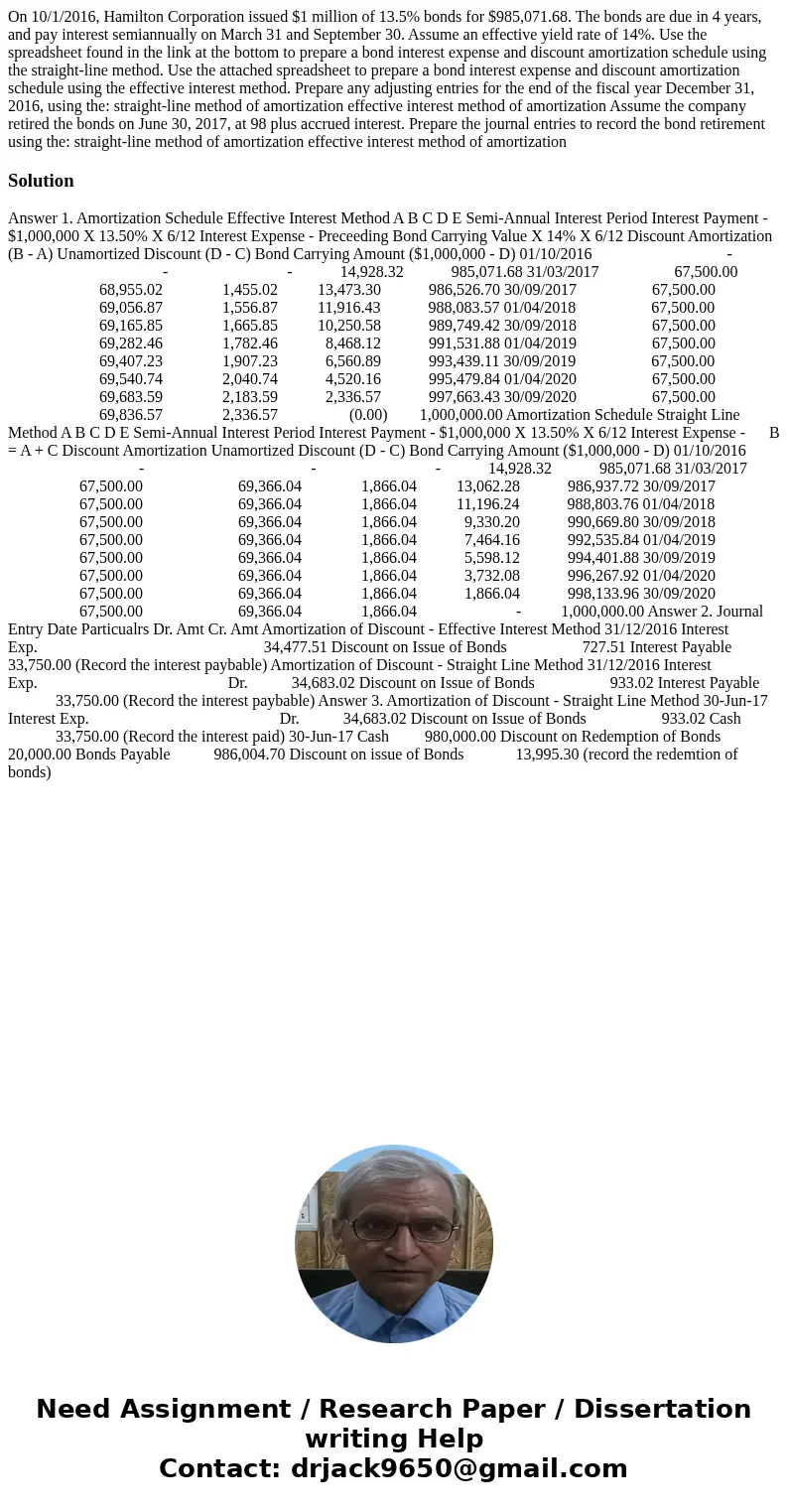 On 10/1/2016, Hamilton Corporation issued $1 million of 13.5% bonds for $985,071.68. The bonds are due in 4 years, and pay interest semiannually on March 31 and On 10/1/2016, Hamilton Corporation issued $1 million of 13.5% bonds for $985,071.68. The bonds are due in 4 years, and pay interest semiannually on March 31 and