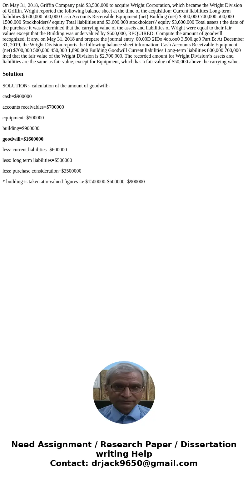 On May 31, 2018, Griffin Company paid $3,500,000 to acquire Wright Corporation, which became the Wright Division of Griffin. Wright reported the following bala  On May 31, 2018, Griffin Company paid $3,500,000 to acquire Wright Corporation, which became the Wright Division of Griffin. Wright reported the following bala