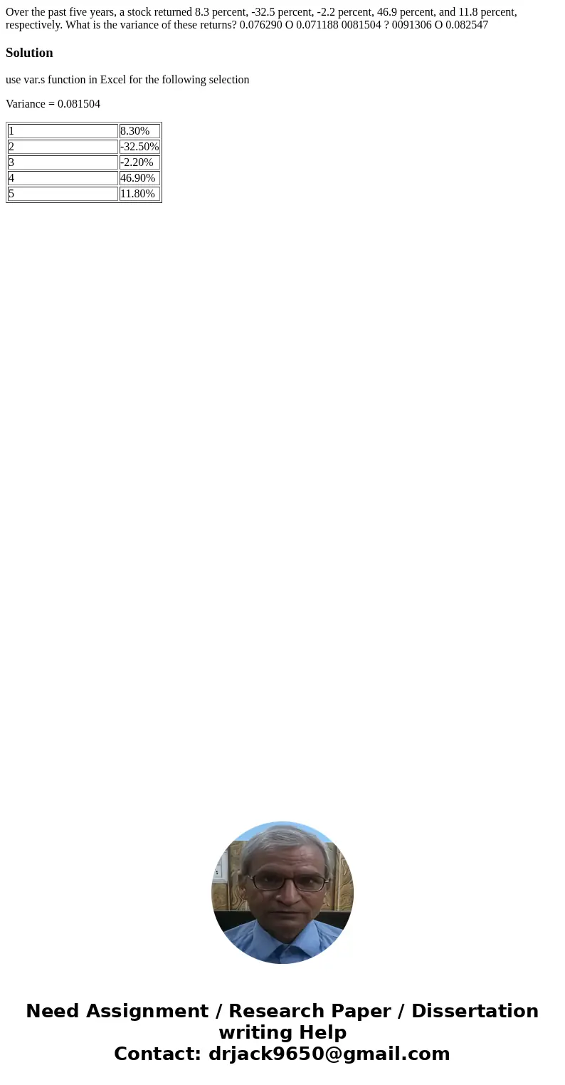 Over the past five years, a stock returned 8.3 percent, -32.5 percent, -2.2 percent, 46.9 percent, and 11.8 percent, respectively. What is the variance of thes  Over the past five years, a stock returned 8.3 percent, -32.5 percent, -2.2 percent, 46.9 percent, and 11.8 percent, respectively. What is the variance of thes