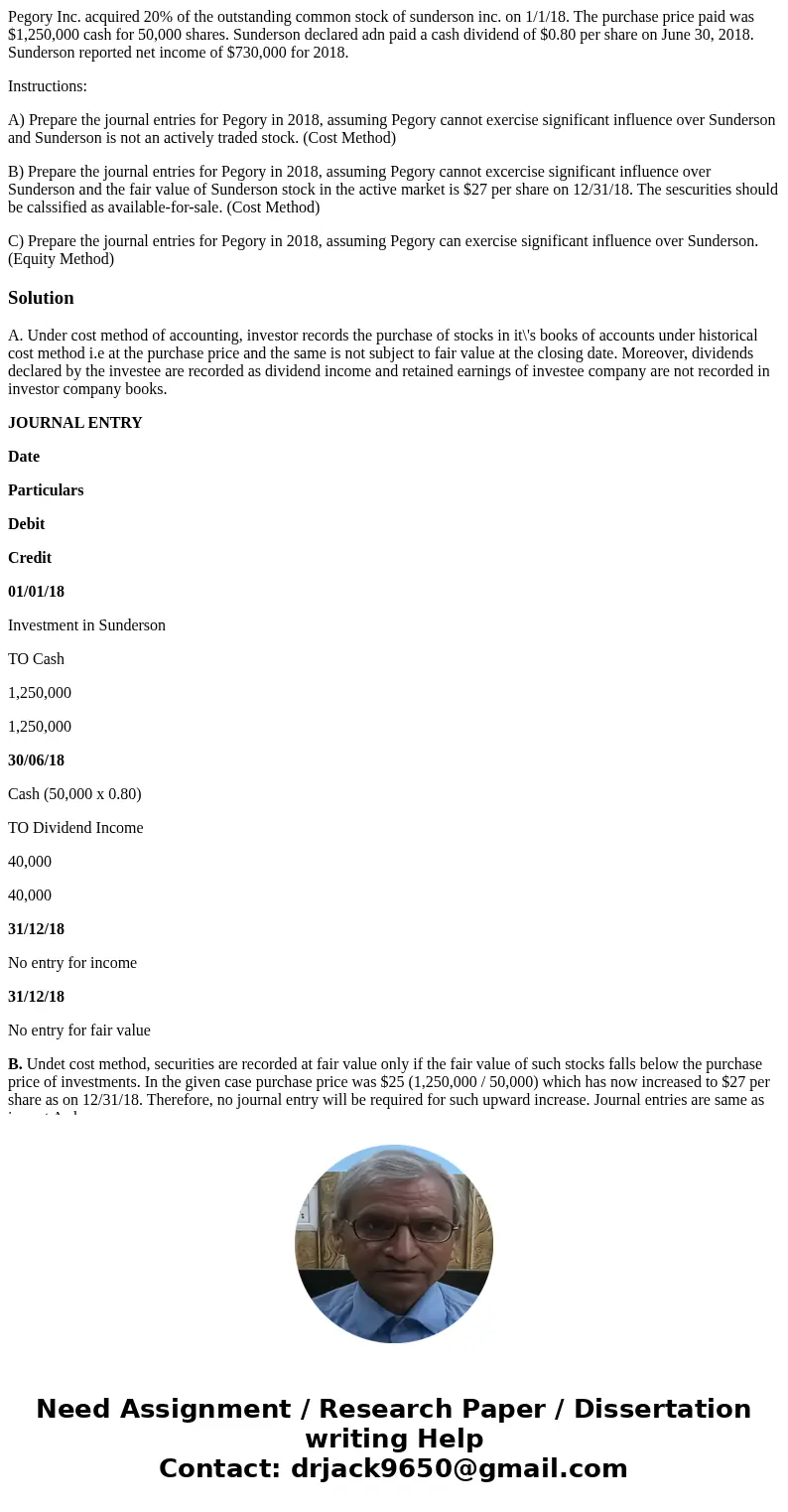 Pegory Inc. acquired 20% of the outstanding common stock of sunderson inc. on 1/1/18. The purchase price paid was $1,250,000 cash for 50,000 shares. Sunderson d Pegory Inc. acquired 20% of the outstanding common stock of sunderson inc. on 1/1/18. The purchase price paid was $1,250,000 cash for 50,000 shares. Sunderson d