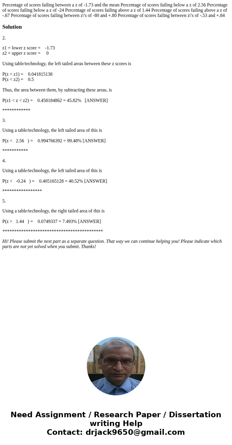 Percentage of scores failing between a z of -1.73 and the mean Percentage of scores failing below a z of 2.56 Percentage of scores failing below a z of -24 Per  Percentage of scores failing between a z of -1.73 and the mean Percentage of scores failing below a z of 2.56 Percentage of scores failing below a z of -24 Per