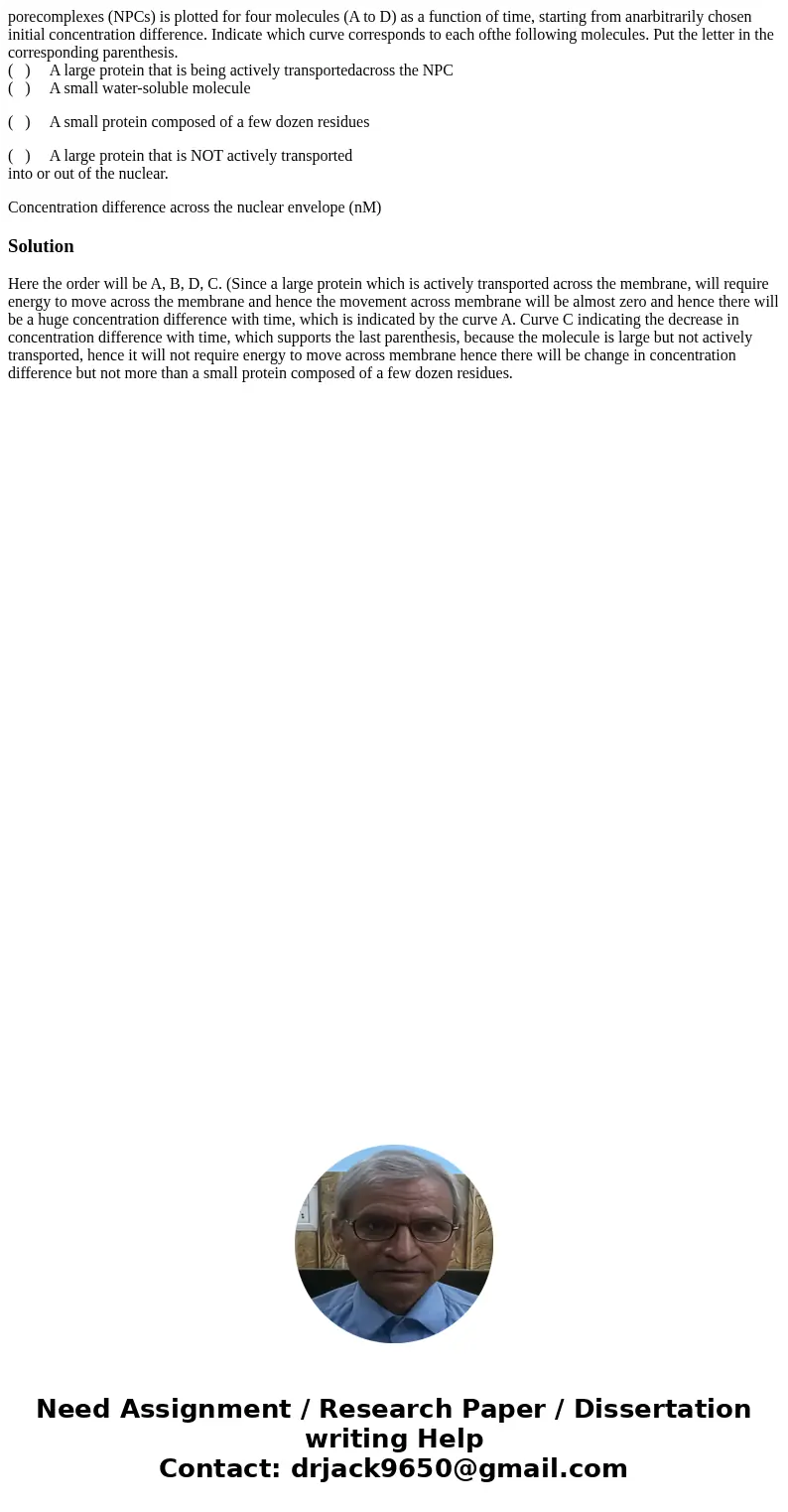 porecomplexes (NPCs) is plotted for four molecules (A to D) as a function of time, starting from anarbitrarily chosen initial concentration difference. Indicate porecomplexes (NPCs) is plotted for four molecules (A to D) as a function of time, starting from anarbitrarily chosen initial concentration difference. Indicate