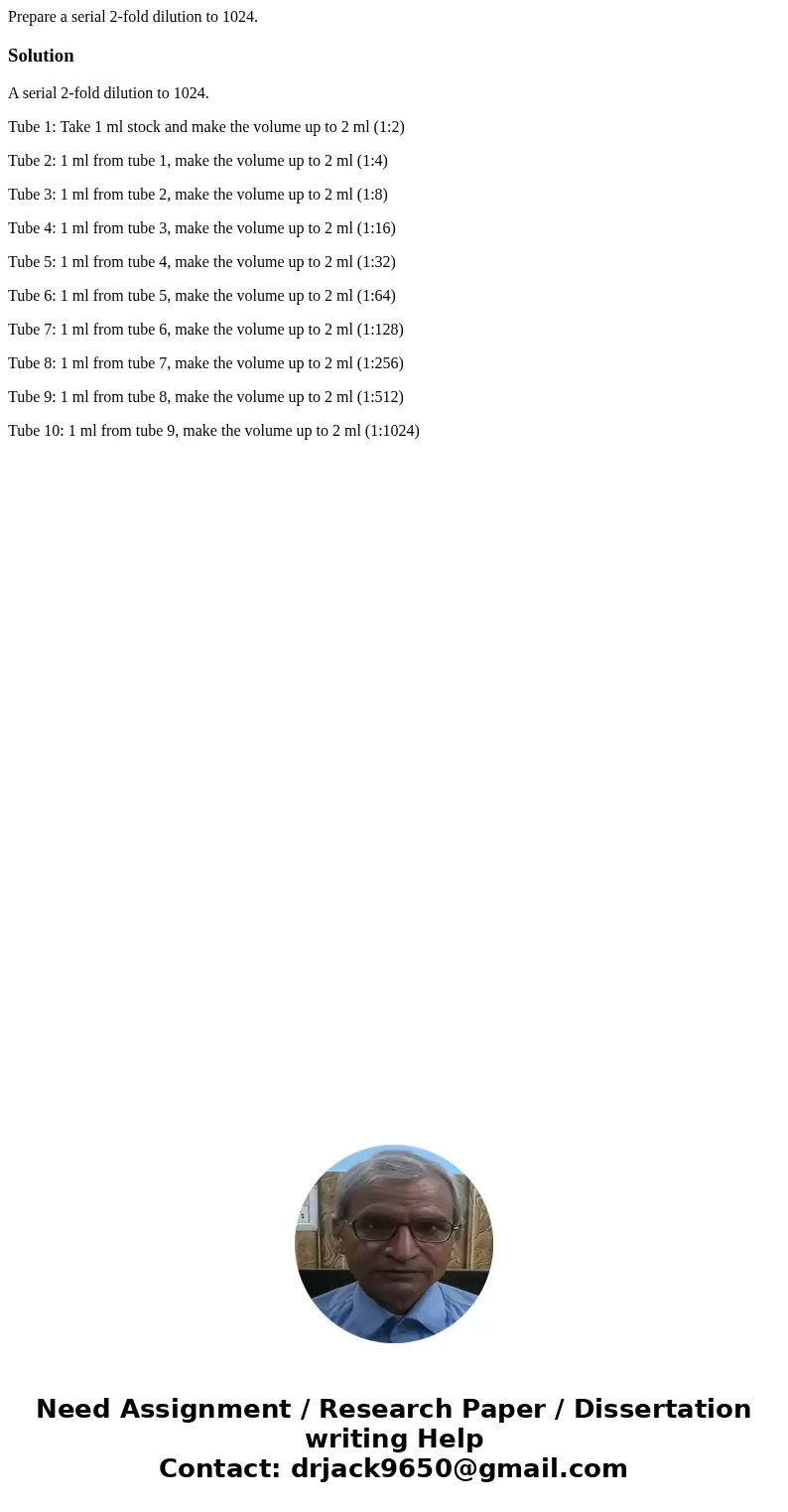 Prepare a serial 2-fold dilution to 1024.SolutionA serial 2-fold dilution to 1024. Tube 1: Take 1 ml stock and make the volume up to 2 ml (1:2) Tube 2: 1 ml fro