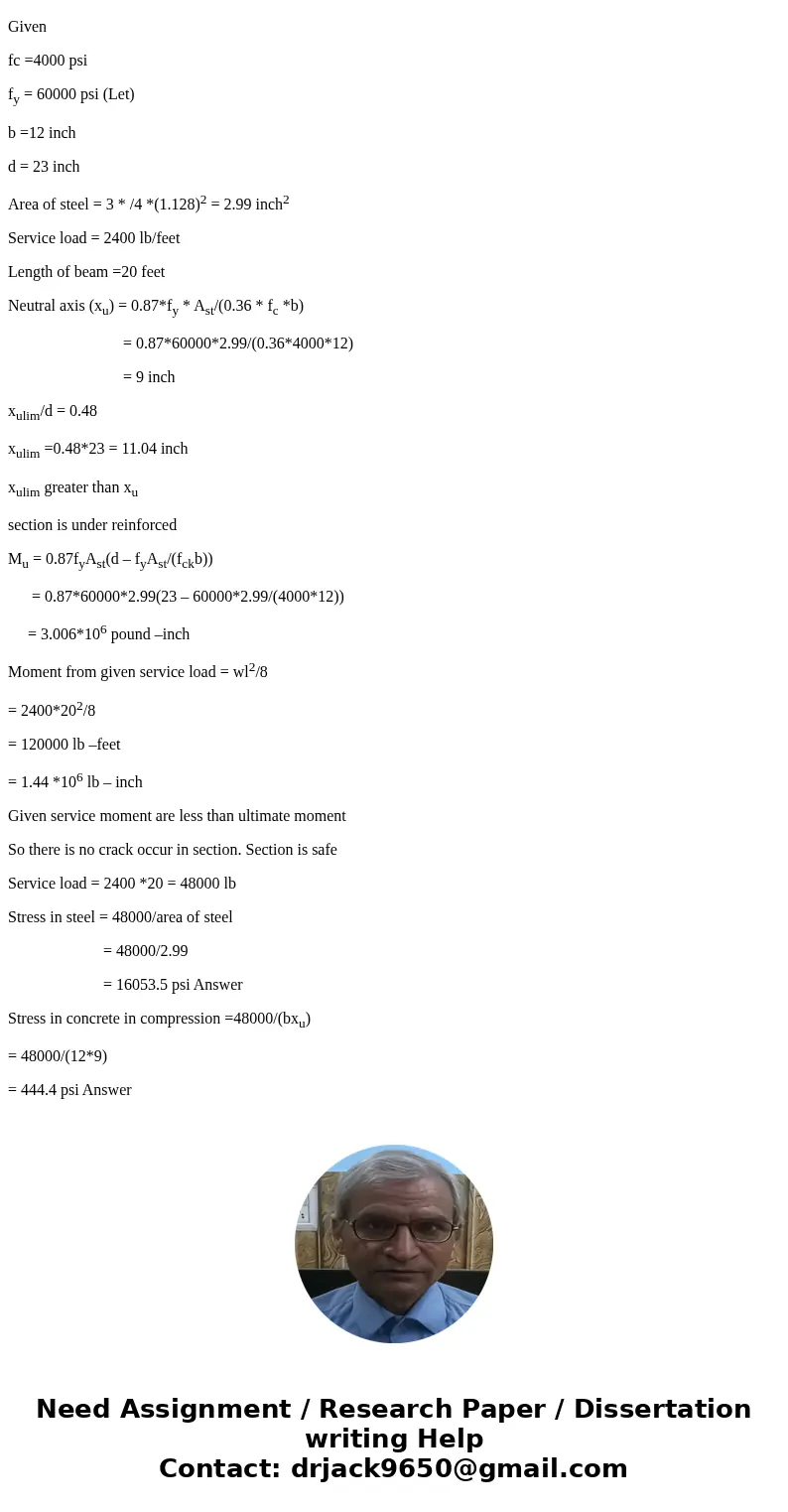 Problem 1 A rectangular reinforced concrete beam has dimensions of b 12in, h 25 in, and effective depth d 23 in. It supports a service live load of 2,400 Ib/ft