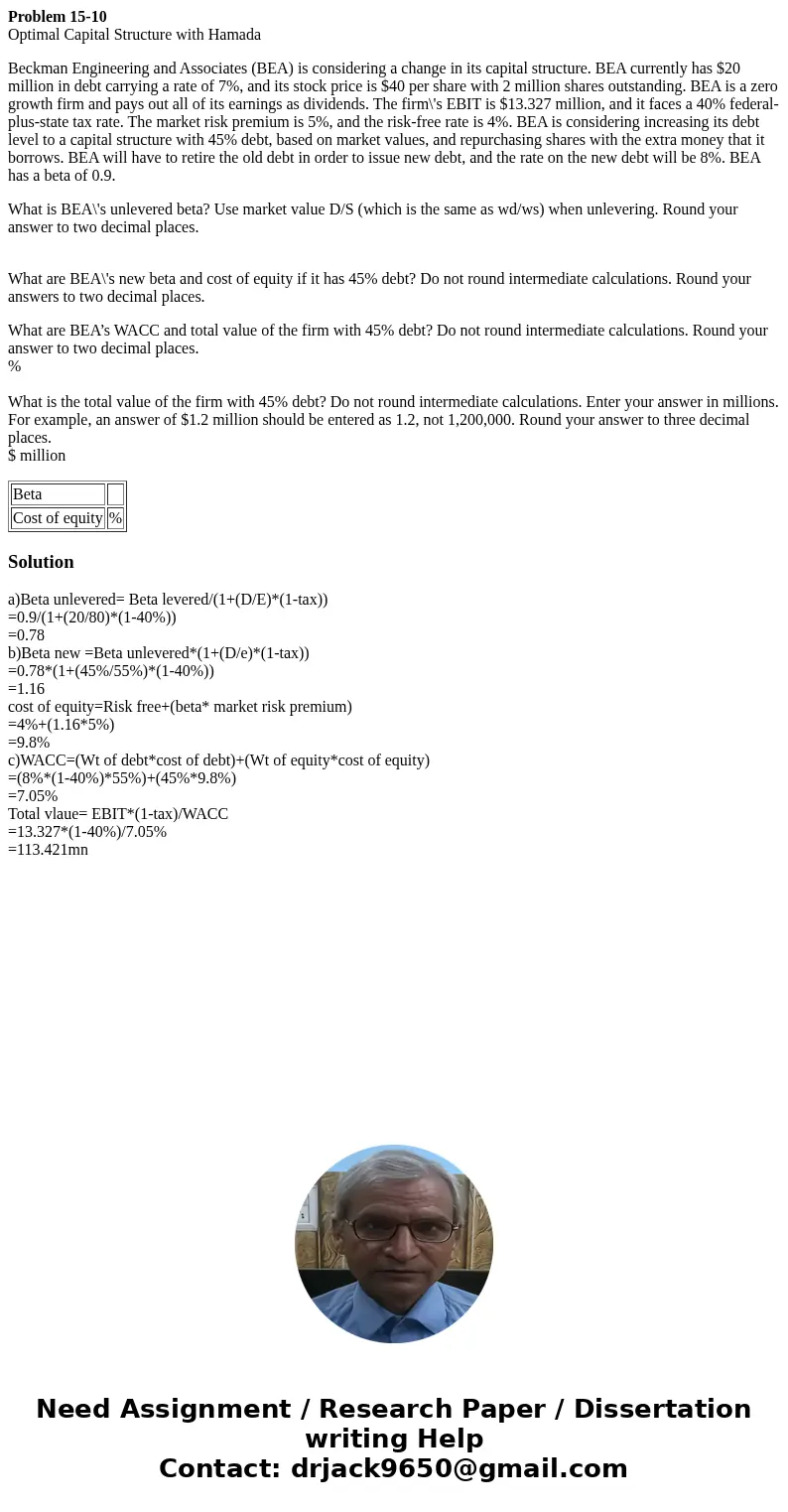 Problem 15-10 Optimal Capital Structure with Hamada Beckman Engineering and Associates (BEA) is considering a change in its capital structure. BEA currently has Problem 15-10 Optimal Capital Structure with Hamada Beckman Engineering and Associates (BEA) is considering a change in its capital structure. BEA currently has