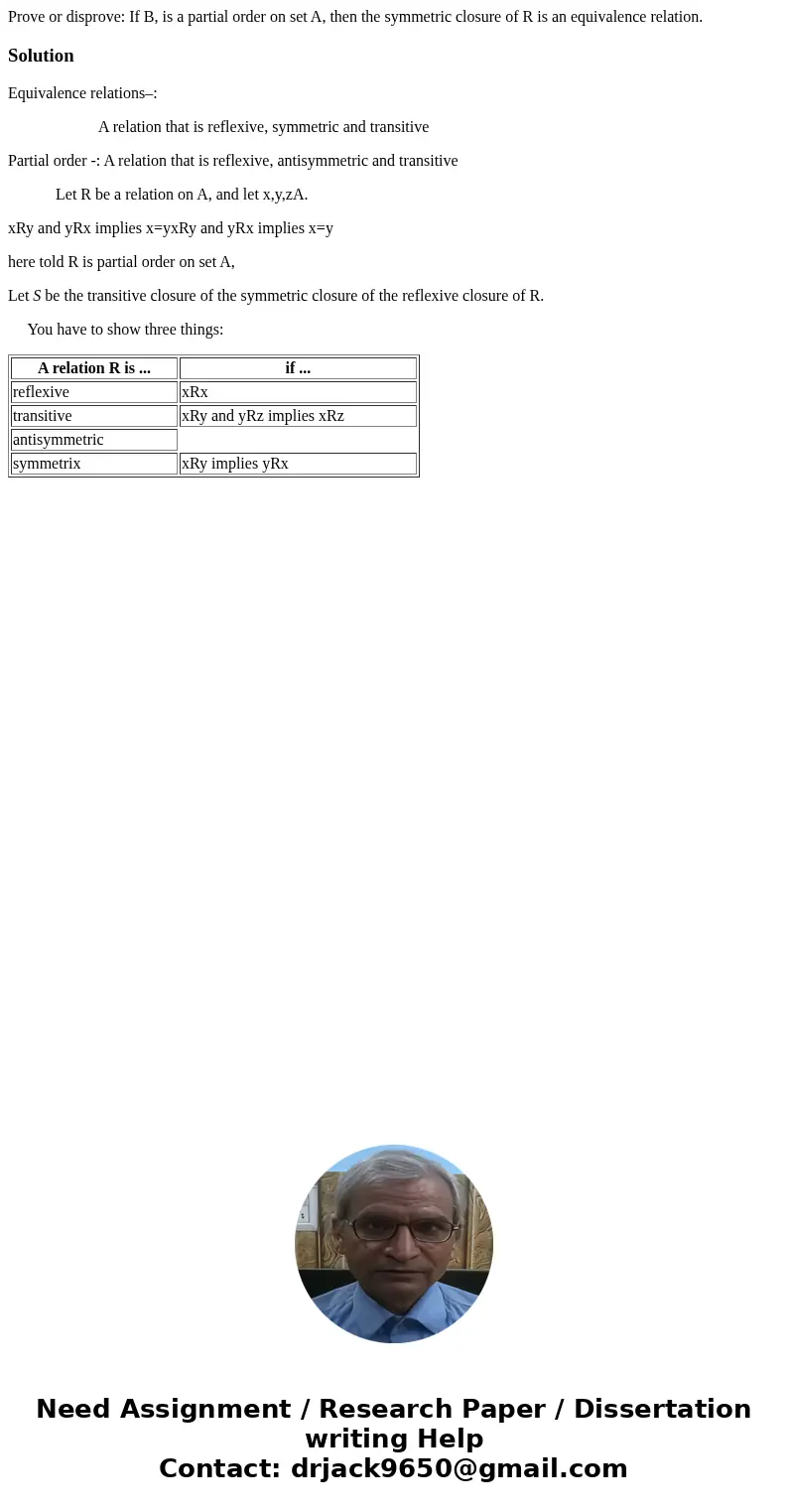 Prove or disprove: If B, is a partial order on set A, then the symmetric closure of R is an equivalence relation. SolutionEquivalence relations–: A relation th  Prove or disprove: If B, is a partial order on set A, then the symmetric closure of R is an equivalence relation. SolutionEquivalence relations–: A relation th