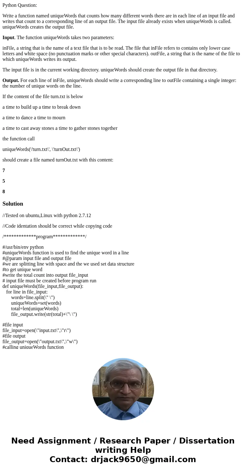 Python Question: Write a function named uniqueWords that counts how many different words there are in each line of an input file and writes that count to a corr Python Question: Write a function named uniqueWords that counts how many different words there are in each line of an input file and writes that count to a corr