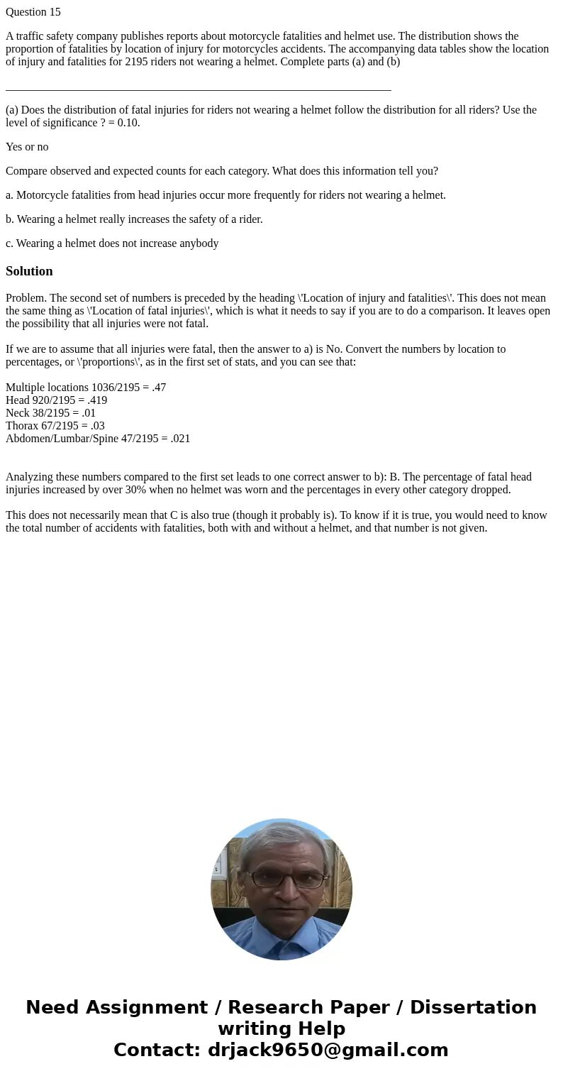 Question 15 A traffic safety company publishes reports about motorcycle fatalities and helmet use. The distribution shows the proportion of fatalities by locati Question 15 A traffic safety company publishes reports about motorcycle fatalities and helmet use. The distribution shows the proportion of fatalities by locati
