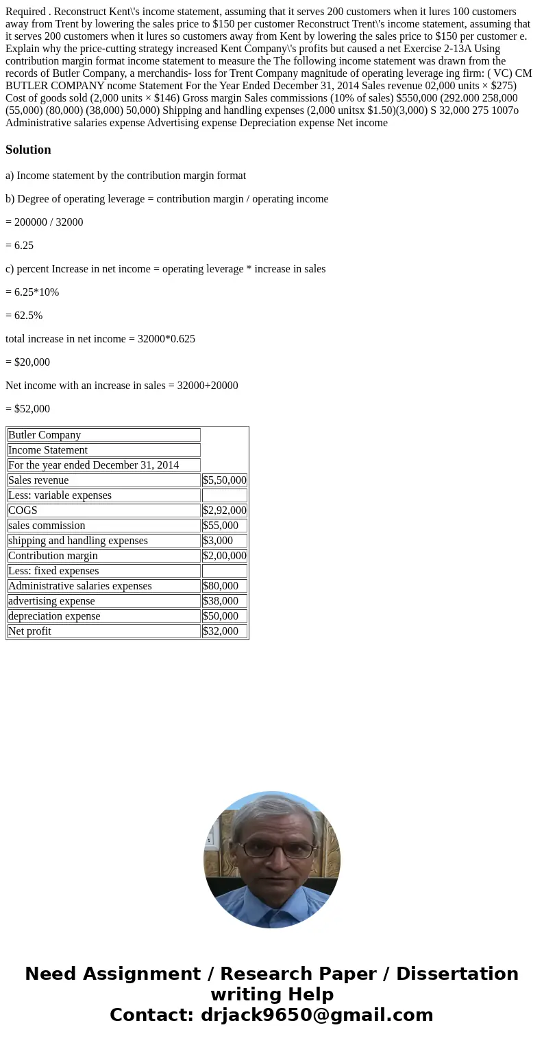  Required . Reconstruct Kent\'s income statement, assuming that it serves 200 customers when it lures 100 customers away from Trent by lowering the sales price 