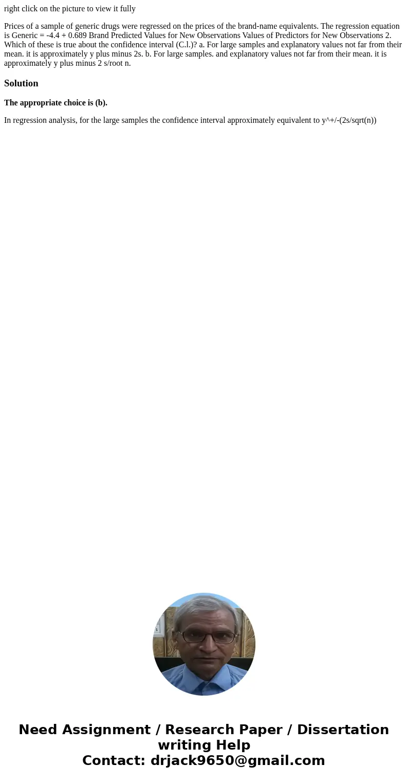 right click on the picture to view it fully Prices of a sample of generic drugs were regressed on the prices of the brand-name equivalents. The regression equat right click on the picture to view it fully Prices of a sample of generic drugs were regressed on the prices of the brand-name equivalents. The regression equat
