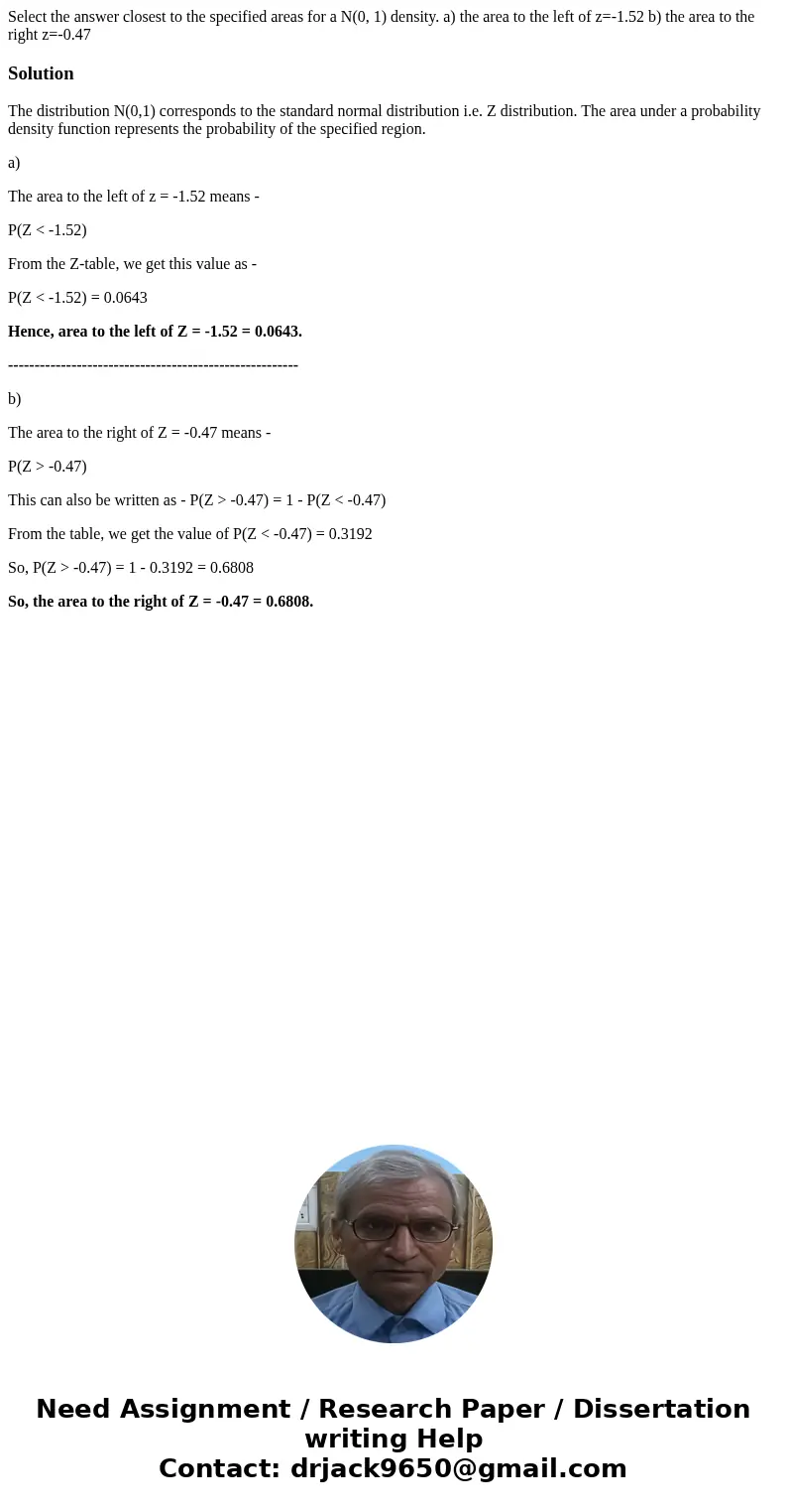 Select the answer closest to the specified areas for a N(0, 1) density. a) the area to the left of z=-1.52 b) the area to the right z=-0.47SolutionThe distribut Select the answer closest to the specified areas for a N(0, 1) density. a) the area to the left of z=-1.52 b) the area to the right z=-0.47SolutionThe distribut
