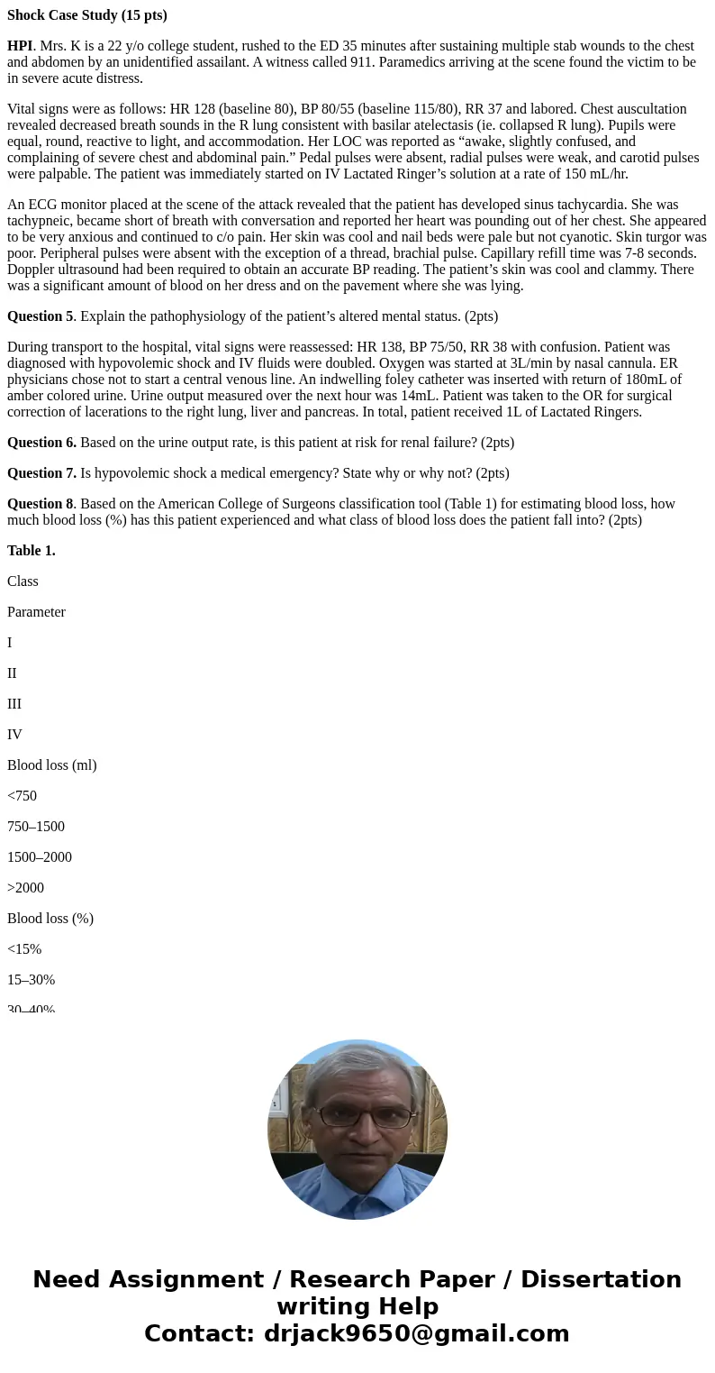 Shock Case Study (15 pts) HPI. Mrs. K is a 22 y/o college student, rushed to the ED 35 minutes after sustaining multiple stab wounds to the chest and abdomen by