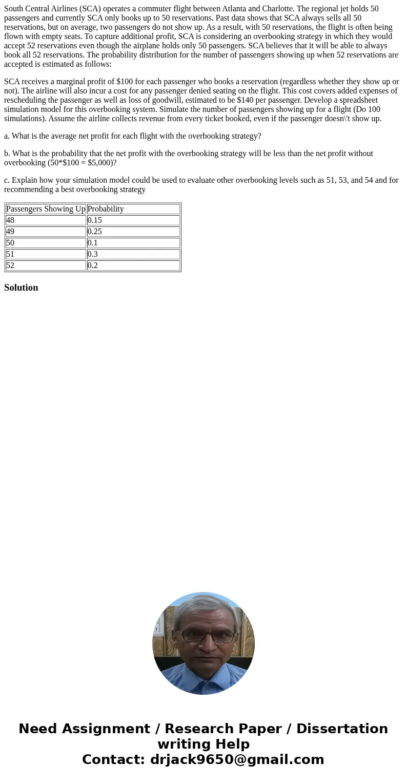 South Central Airlines (SCA) operates a commuter flight between Atlanta and Charlotte. The regional jet holds 50 passengers and currently SCA only books up to 5 South Central Airlines (SCA) operates a commuter flight between Atlanta and Charlotte. The regional jet holds 50 passengers and currently SCA only books up to 5