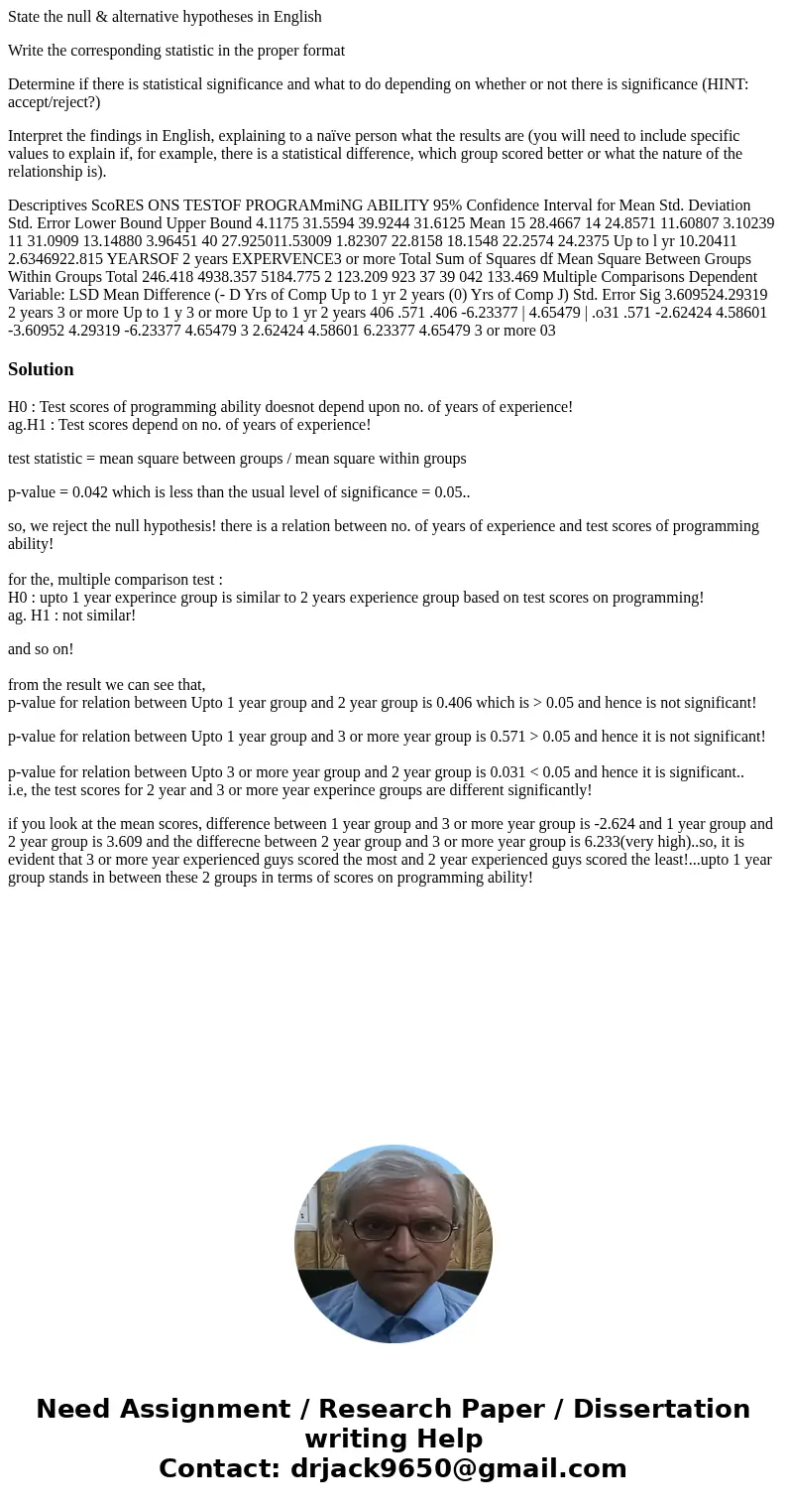 State the null & alternative hypotheses in English Write the corresponding statistic in the proper format Determine if there is statistical significance and State the null & alternative hypotheses in English Write the corresponding statistic in the proper format Determine if there is statistical significance and
