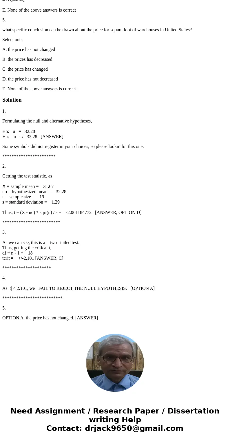Suppose that in past years the average price per square foot for warehouses in the United States has been $32.28. A national real estate investor wants to deter Suppose that in past years the average price per square foot for warehouses in the United States has been $32.28. A national real estate investor wants to deter