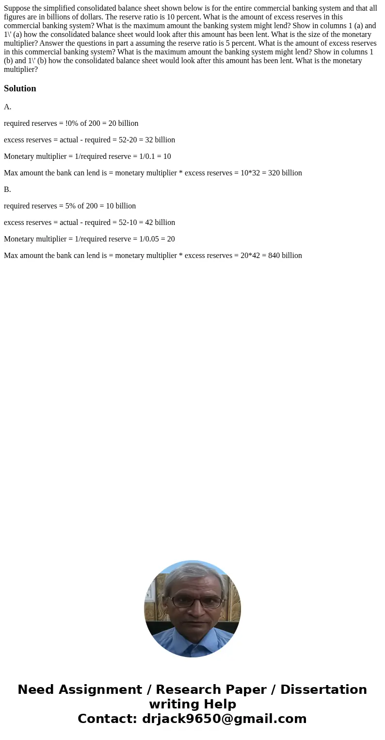 Suppose the simplified consolidated balance sheet shown below is for the entire commercial banking system and that all figures are in billions of dollars. The   Suppose the simplified consolidated balance sheet shown below is for the entire commercial banking system and that all figures are in billions of dollars. The