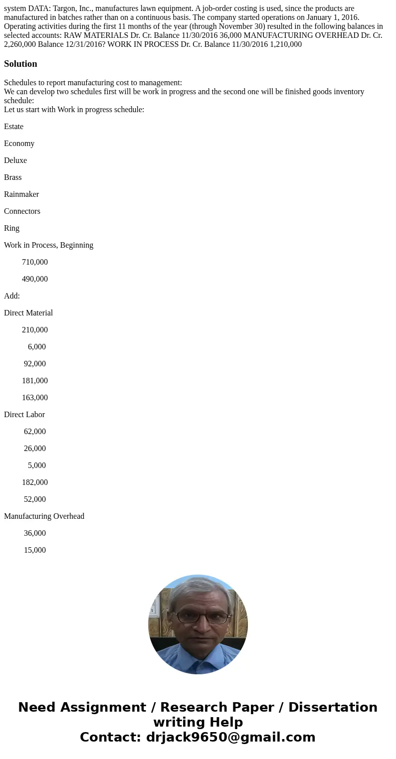 system DATA: Targon, Inc., manufactures lawn equipment. A job-order costing is used, since the products are manufactured in batches rather than on a continuous