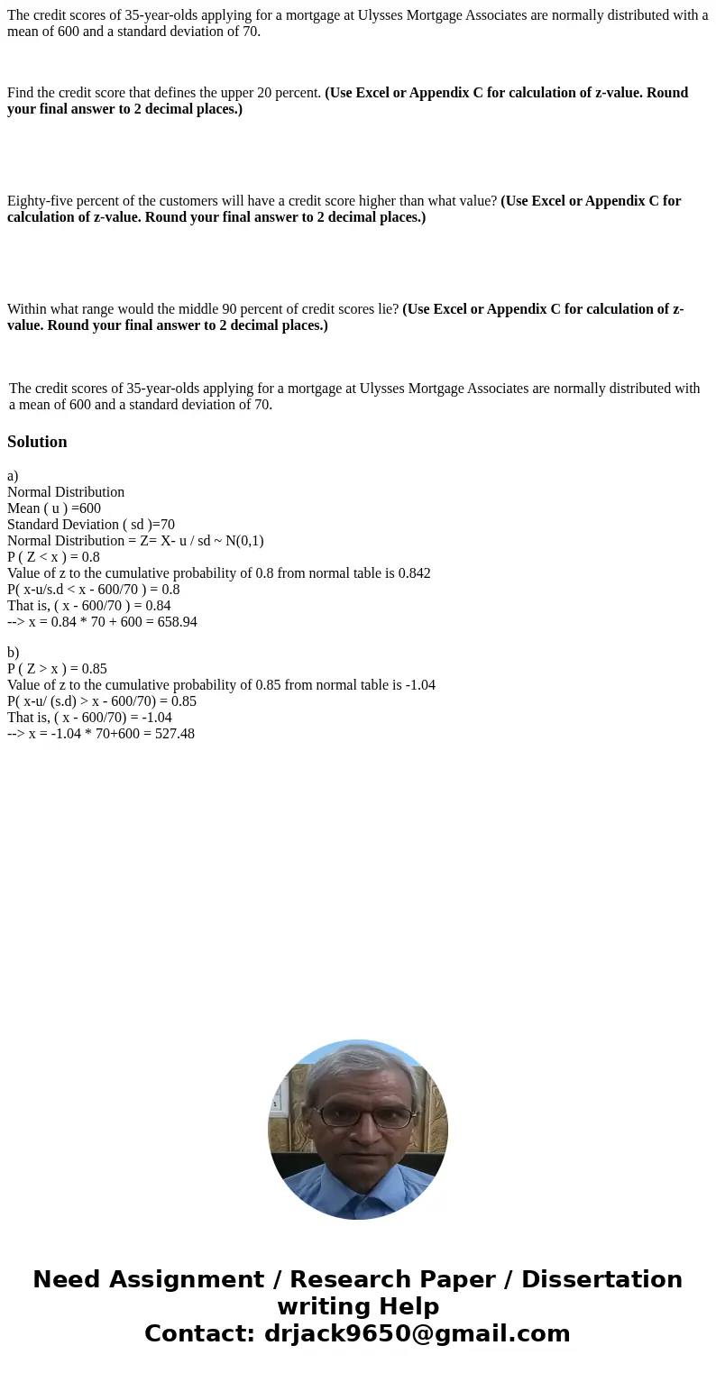 The credit scores of 35-year-olds applying for a mortgage at Ulysses Mortgage Associates are normally distributed with a mean of 600 and a standard deviation of