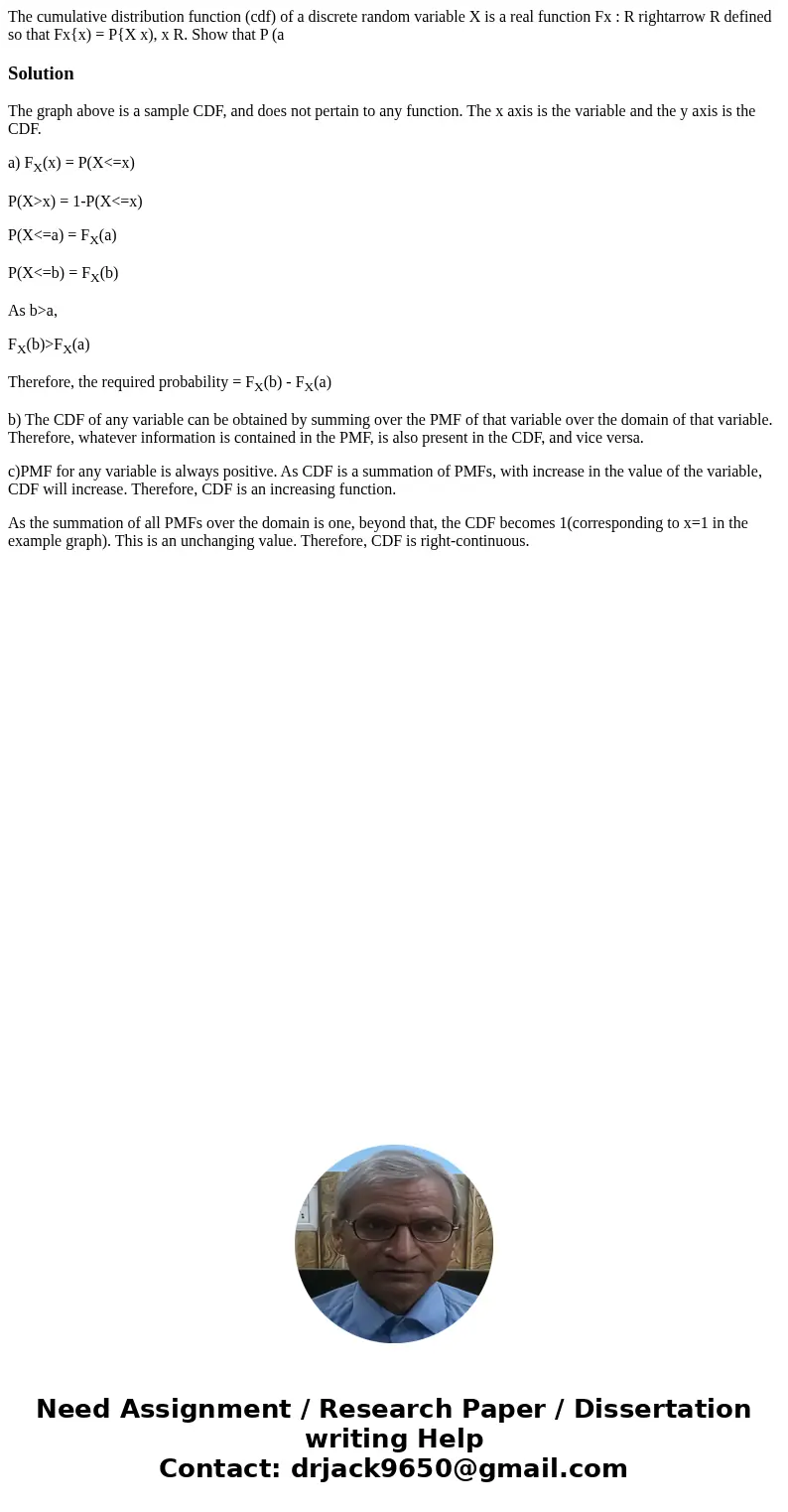 The cumulative distribution function (cdf) of a discrete random variable X is a real function Fx : R rightarrow R defined so that Fx{x) = P{X x), x R. Show tha  The cumulative distribution function (cdf) of a discrete random variable X is a real function Fx : R rightarrow R defined so that Fx{x) = P{X x), x R. Show tha