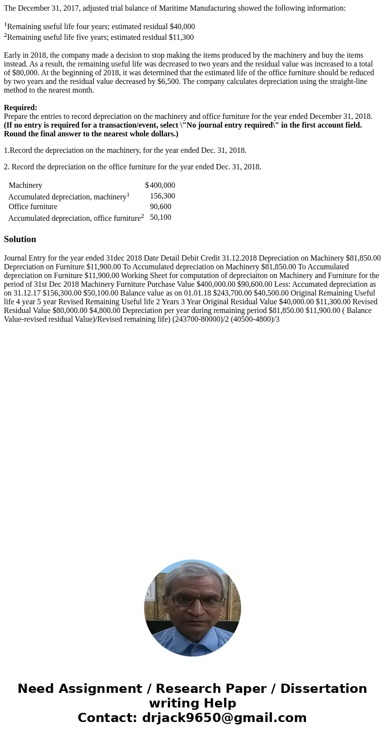 The December 31, 2017, adjusted trial balance of Maritime Manufacturing showed the following information: 1Remaining useful life four years; estimated residual 