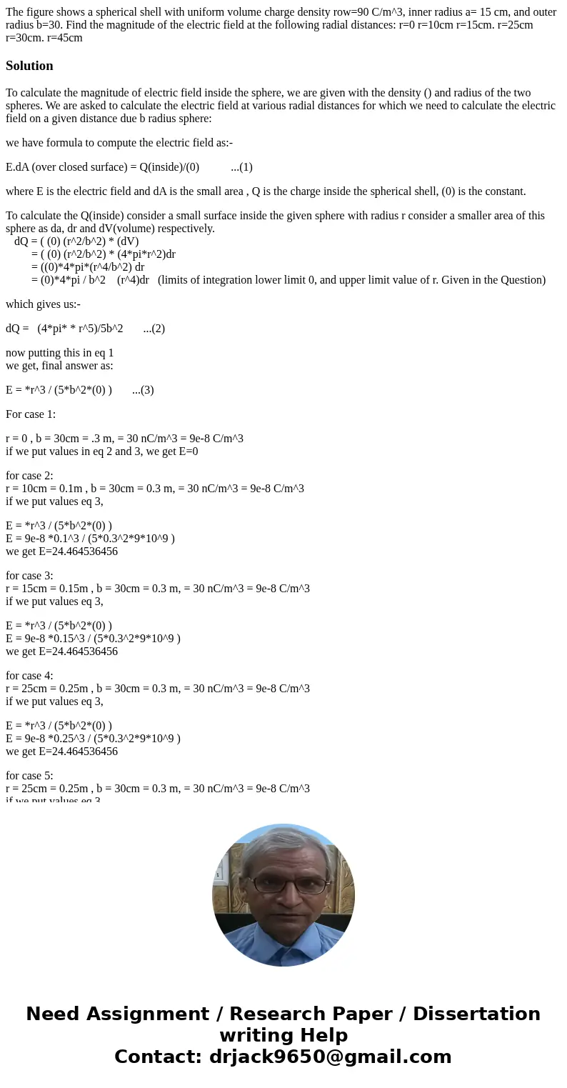 The figure shows a spherical shell with uniform volume charge density row=90 C/m^3, inner radius a= 15 cm, and outer radius b=30. Find the magnitude of the ele  The figure shows a spherical shell with uniform volume charge density row=90 C/m^3, inner radius a= 15 cm, and outer radius b=30. Find the magnitude of the ele