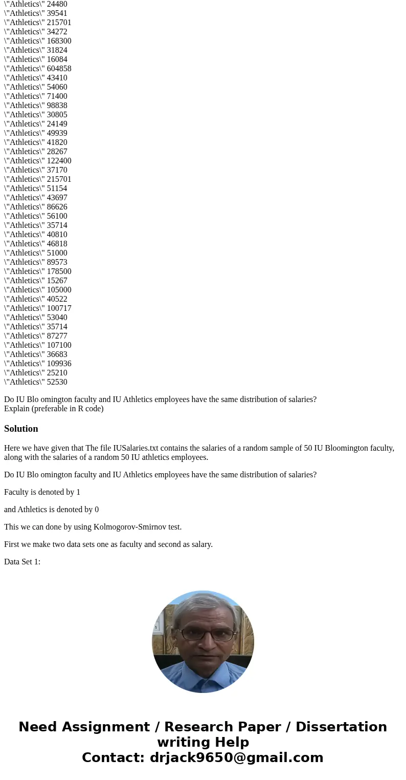 The file IUSalaries.txt contains the salaries of a random sample of 50 IU Bloomington faculty, along with the salaries of a random 50 IU athletics employees. \ The file IUSalaries.txt contains the salaries of a random sample of 50 IU Bloomington faculty, along with the salaries of a random 50 IU athletics employees. \