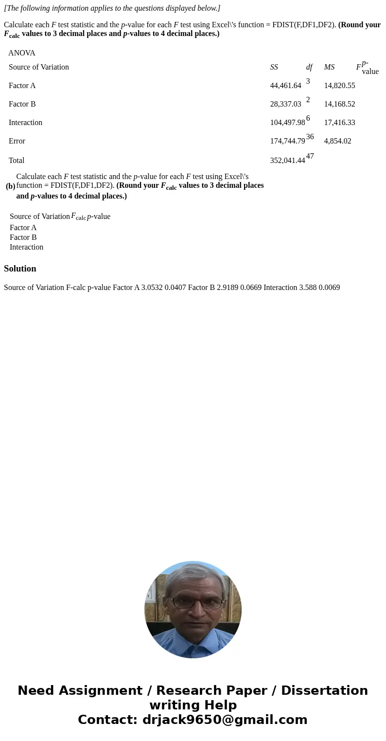 [The following information applies to the questions displayed below.] Calculate each F test statistic and the p-value for each F test using Excel\'s function = 