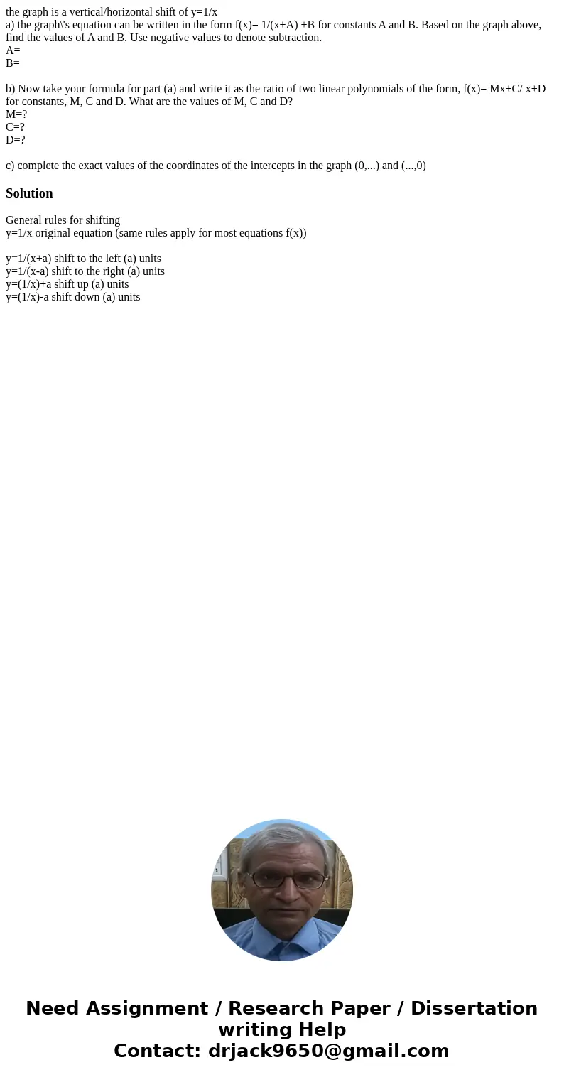 the graph is a vertical/horizontal shift of y=1/x a) the graph\'s equation can be written in the form f(x)= 1/(x+A) +B for constants A and B. Based on the graph the graph is a vertical/horizontal shift of y=1/x a) the graph\'s equation can be written in the form f(x)= 1/(x+A) +B for constants A and B. Based on the graph