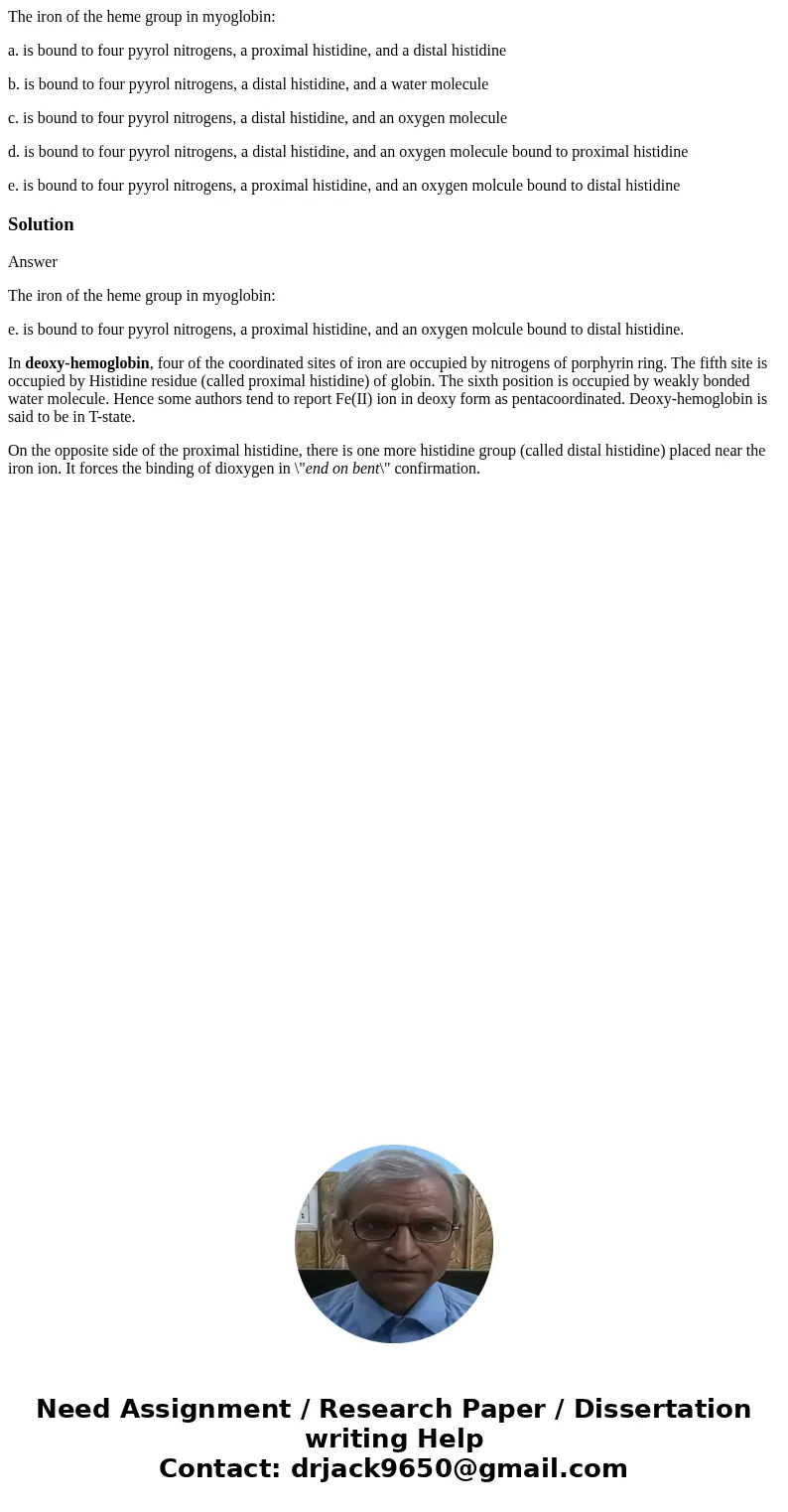 The iron of the heme group in myoglobin: a. is bound to four pyyrol nitrogens, a proximal histidine, and a distal histidine b. is bound to four pyyrol nitrogens The iron of the heme group in myoglobin: a. is bound to four pyyrol nitrogens, a proximal histidine, and a distal histidine b. is bound to four pyyrol nitrogens
