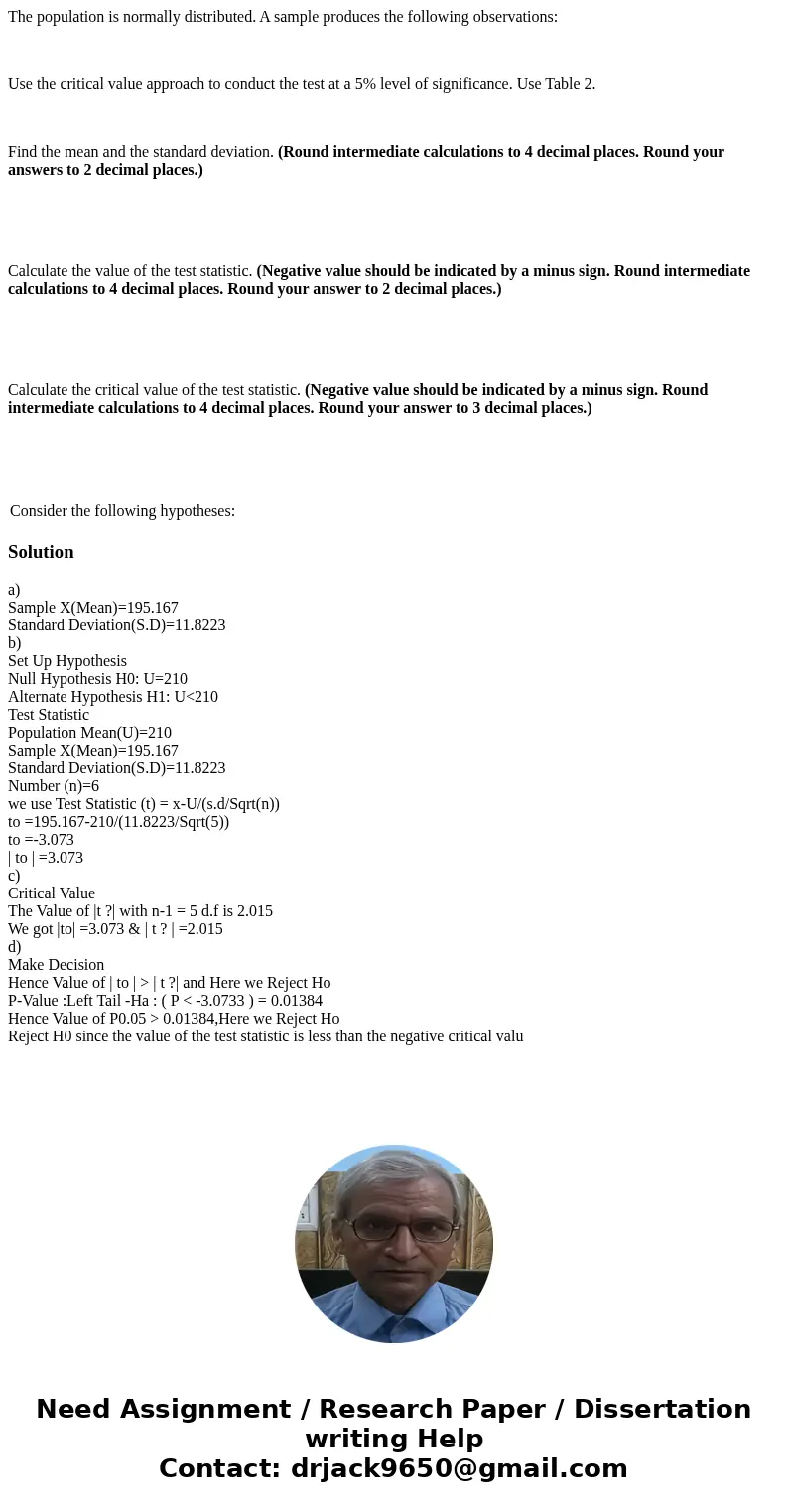 The population is normally distributed. A sample produces the following observations: Use the critical value approach to conduct the test at a 5% level of signi The population is normally distributed. A sample produces the following observations: Use the critical value approach to conduct the test at a 5% level of signi