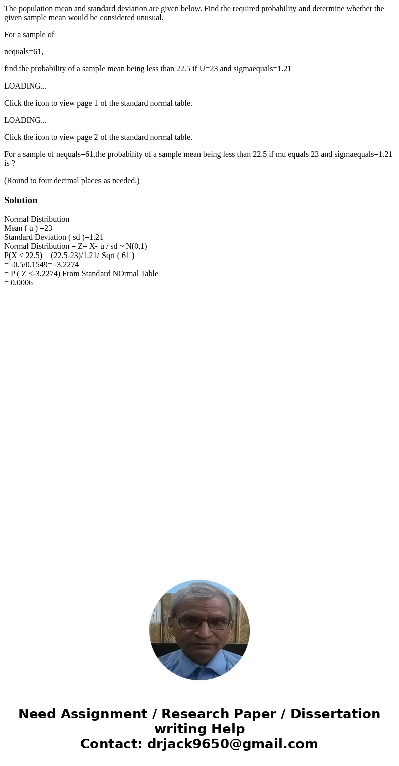 The population mean and standard deviation are given below. Find the required probability and determine whether the given sample mean would be considered unusua The population mean and standard deviation are given below. Find the required probability and determine whether the given sample mean would be considered unusua