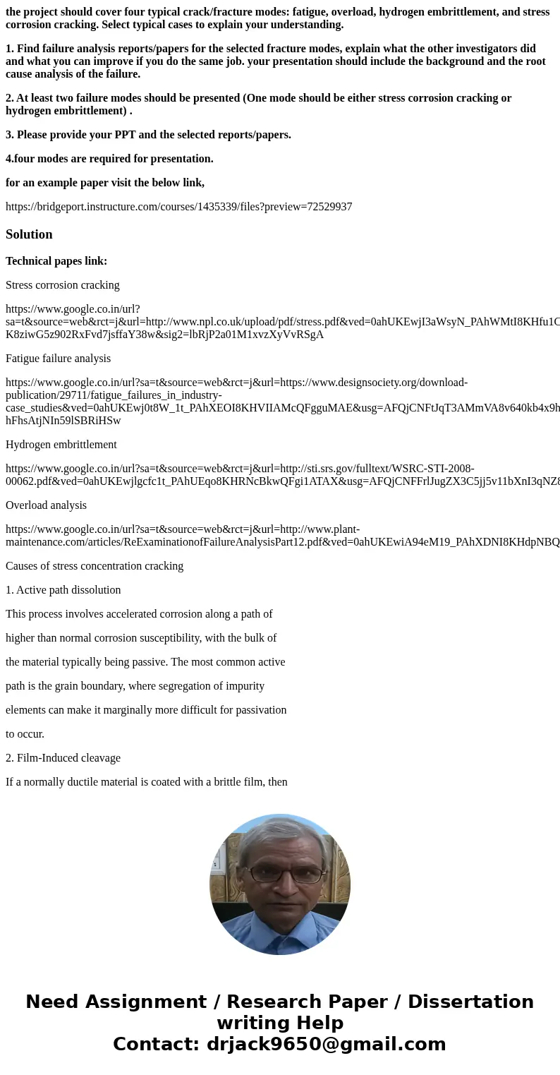 the project should cover four typical crack/fracture modes: fatigue, overload, hydrogen embrittlement, and stress corrosion cracking. Select typical cases to ex the project should cover four typical crack/fracture modes: fatigue, overload, hydrogen embrittlement, and stress corrosion cracking. Select typical cases to ex