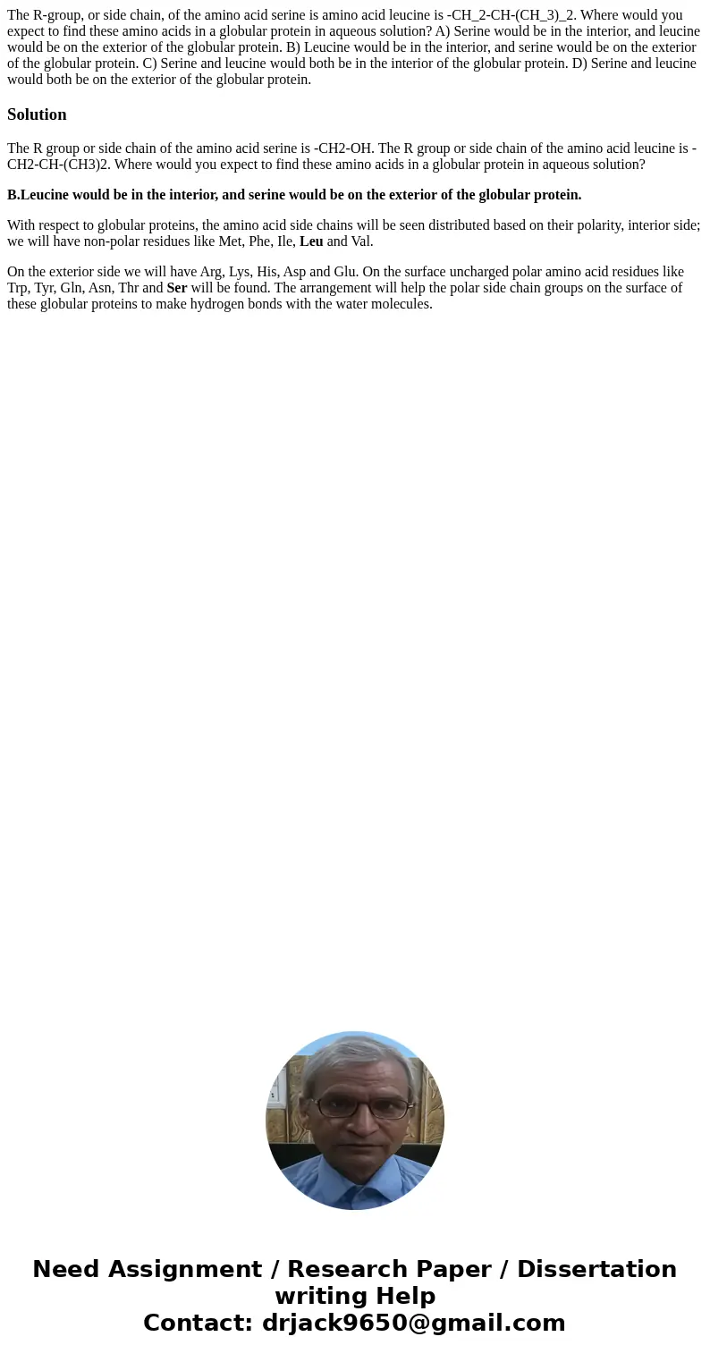 The R-group, or side chain, of the amino acid serine is amino acid leucine is -CH_2-CH-(CH_3)_2. Where would you expect to find these amino acids in a globular  The R-group, or side chain, of the amino acid serine is amino acid leucine is -CH_2-CH-(CH_3)_2. Where would you expect to find these amino acids in a globular