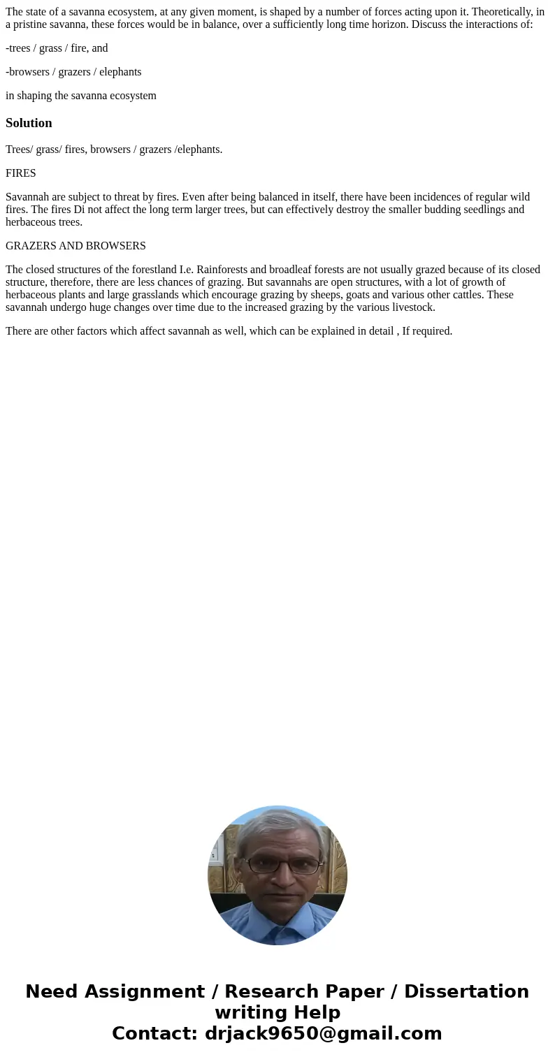 The state of a savanna ecosystem, at any given moment, is shaped by a number of forces acting upon it. Theoretically, in a pristine savanna, these forces would  The state of a savanna ecosystem, at any given moment, is shaped by a number of forces acting upon it. Theoretically, in a pristine savanna, these forces would