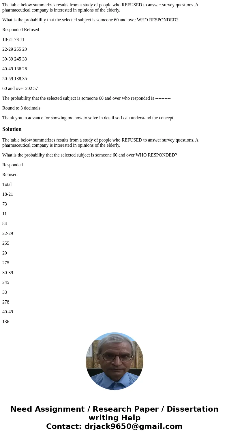 The table below summarizes results from a study of people who REFUSED to answer survey questions. A pharmaceutical company is interested in opinions of the elde The table below summarizes results from a study of people who REFUSED to answer survey questions. A pharmaceutical company is interested in opinions of the elde