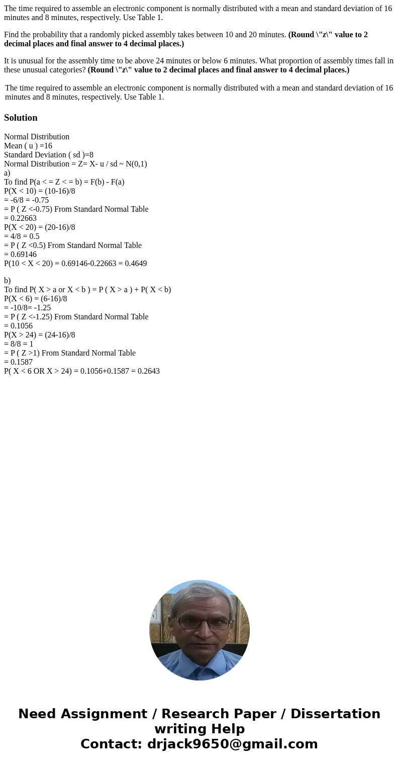 The time required to assemble an electronic component is normally distributed with a mean and standard deviation of 16 minutes and 8 minutes, respectively. Use 