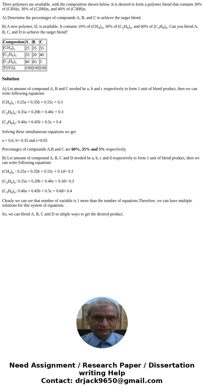 Three polymers are available, with the composition shown below. It is desired to form a polymer blend that contains 30% of (CH4)x, 30% of (C2H6)x, and 40% of (C Three polymers are available, with the composition shown below. It is desired to form a polymer blend that contains 30% of (CH4)x, 30% of (C2H6)x, and 40% of (C