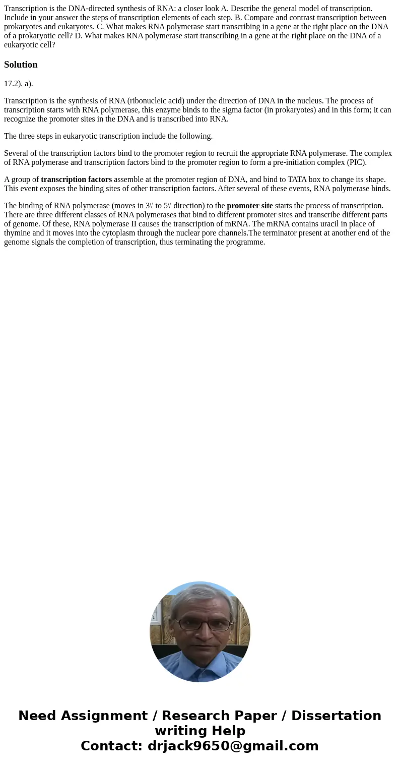 Transcription is the DNA-directed synthesis of RNA: a closer look A. Describe the general model of transcription. Include in your answer the steps of transcrip  Transcription is the DNA-directed synthesis of RNA: a closer look A. Describe the general model of transcription. Include in your answer the steps of transcrip