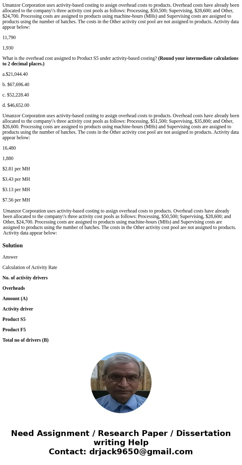 Umanzor Corporation uses activity-based costing to assign overhead costs to products. Overhead costs have already been allocated to the company\'s three activit
