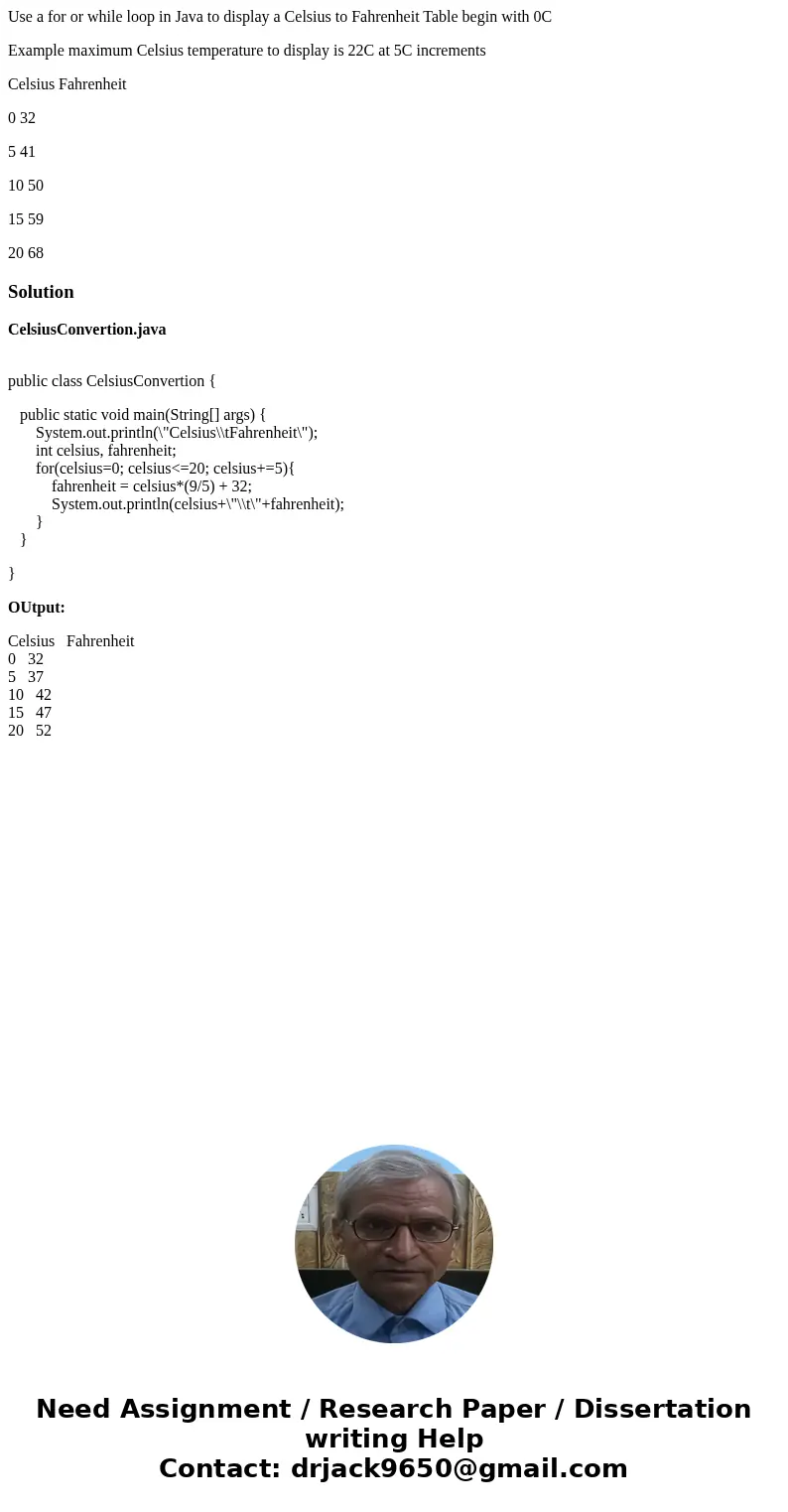 Use a for or while loop in Java to display a Celsius to Fahrenheit Table begin with 0C Example maximum Celsius temperature to display is 22C at 5C increments Ce