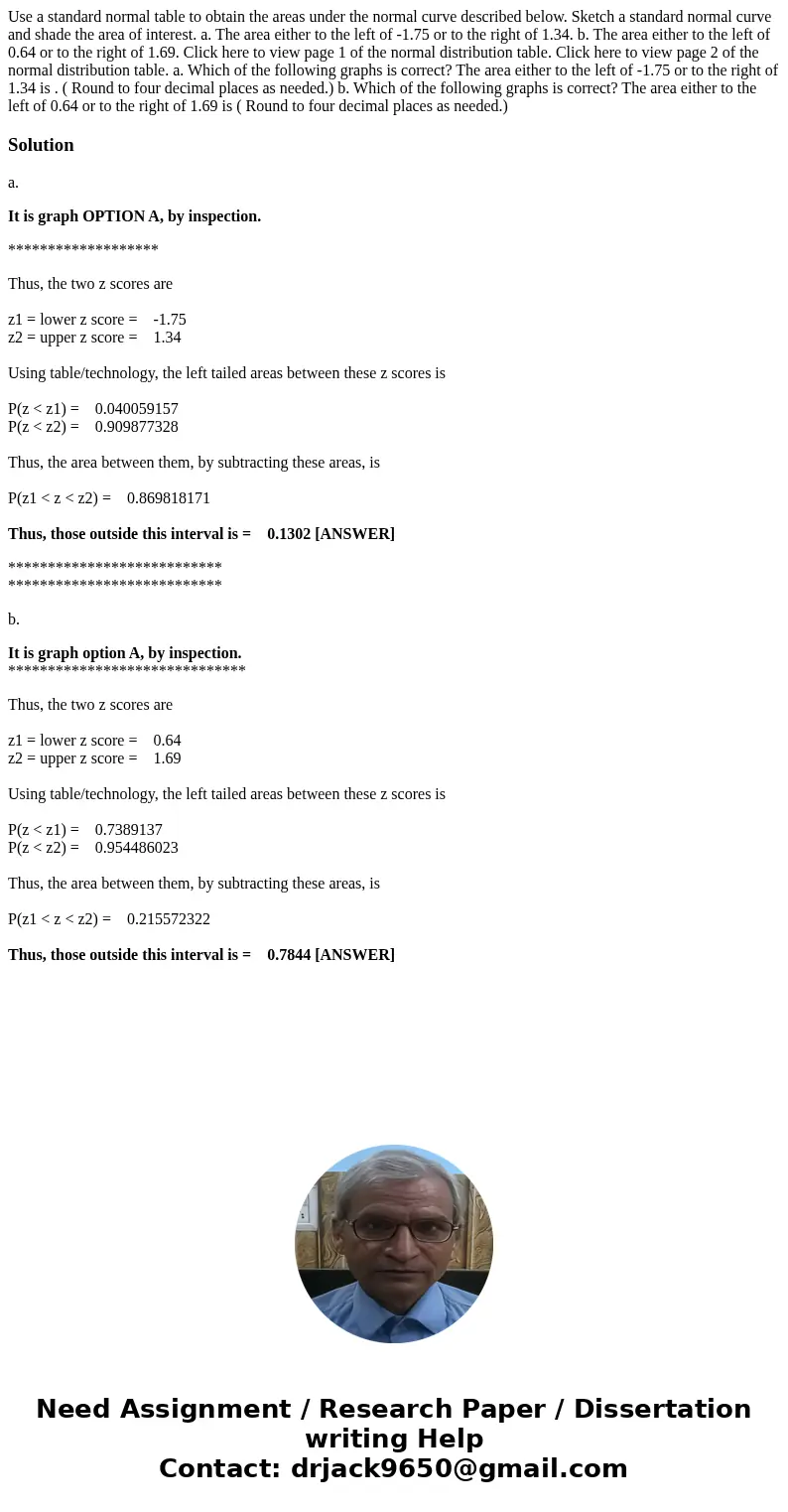 Use a standard normal table to obtain the areas under the normal curve described below. Sketch a standard normal curve and shade the area of interest. a. The a  Use a standard normal table to obtain the areas under the normal curve described below. Sketch a standard normal curve and shade the area of interest. a. The a