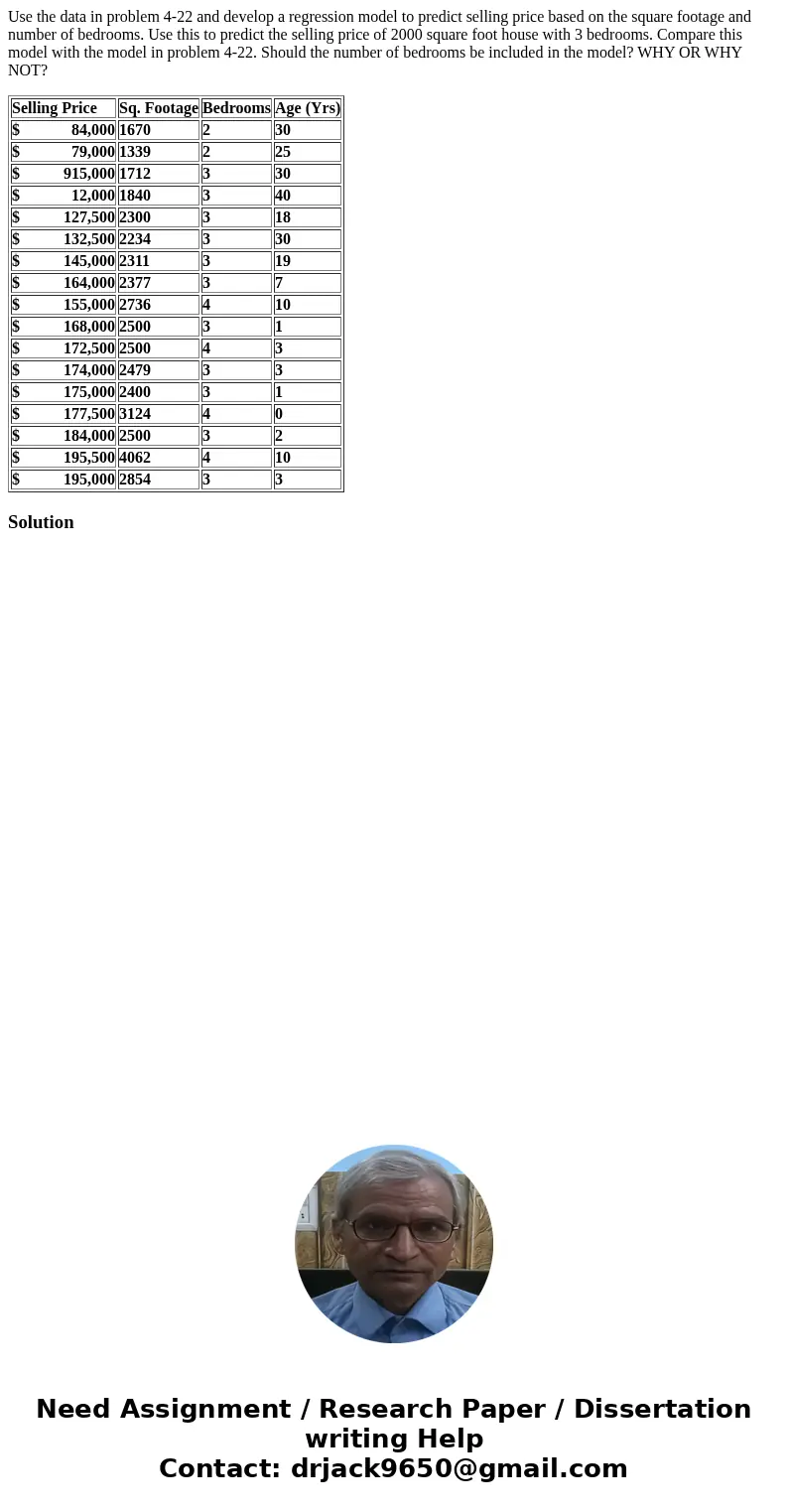 Use the data in problem 4-22 and develop a regression model to predict selling price based on the square footage and number of bedrooms. Use this to predict the Use the data in problem 4-22 and develop a regression model to predict selling price based on the square footage and number of bedrooms. Use this to predict the