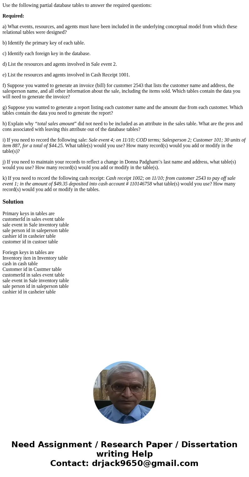 Use the following partial database tables to answer the required questions: Required: a) What events, resources, and agents must have been included in the under Use the following partial database tables to answer the required questions: Required: a) What events, resources, and agents must have been included in the under