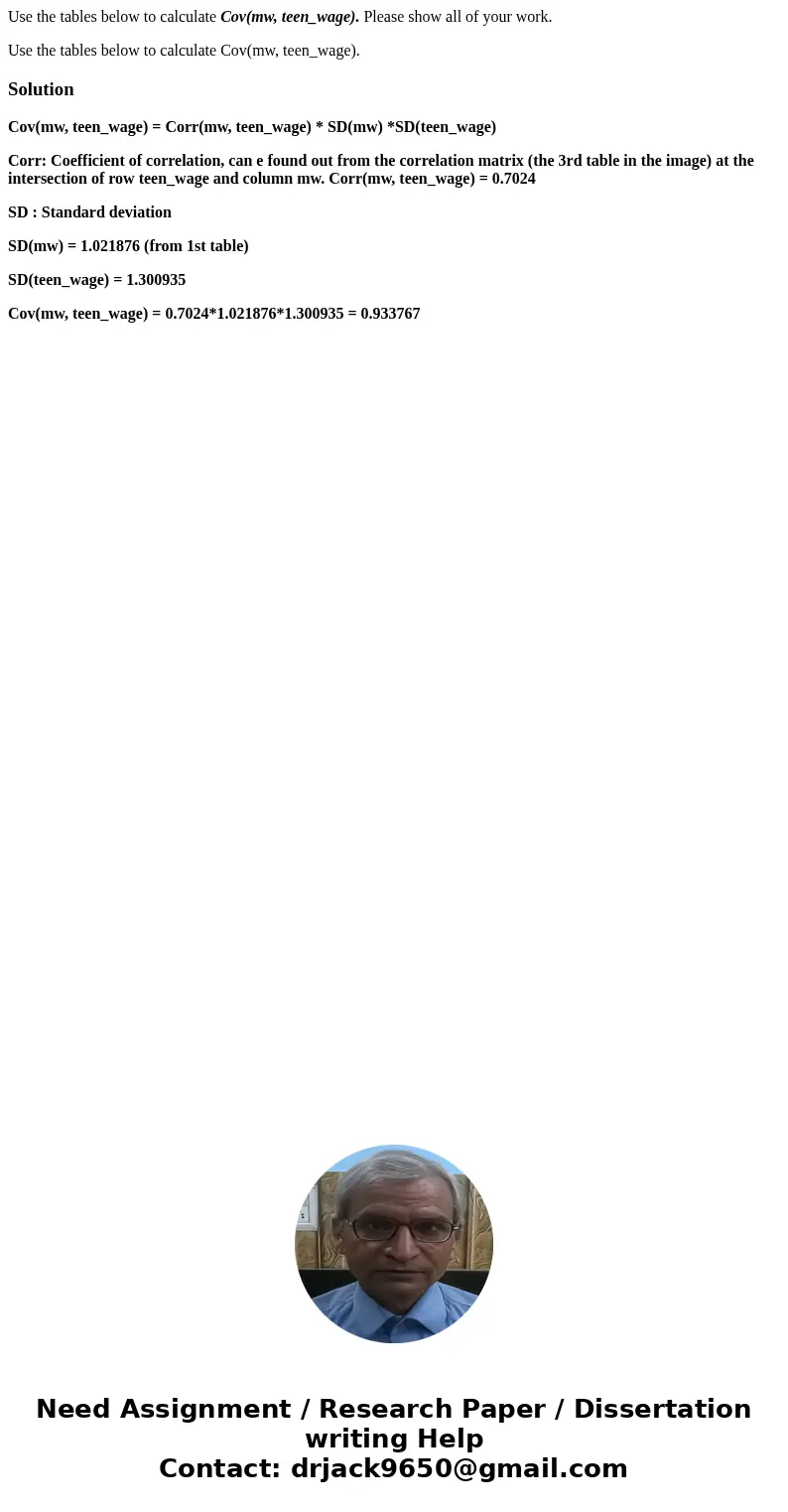 Use the tables below to calculate Cov(mw, teen_wage). Please show all of your work. Use the tables below to calculate Cov(mw, teen_wage). SolutionCov(mw, teen_w Use the tables below to calculate Cov(mw, teen_wage). Please show all of your work. Use the tables below to calculate Cov(mw, teen_wage). SolutionCov(mw, teen_w